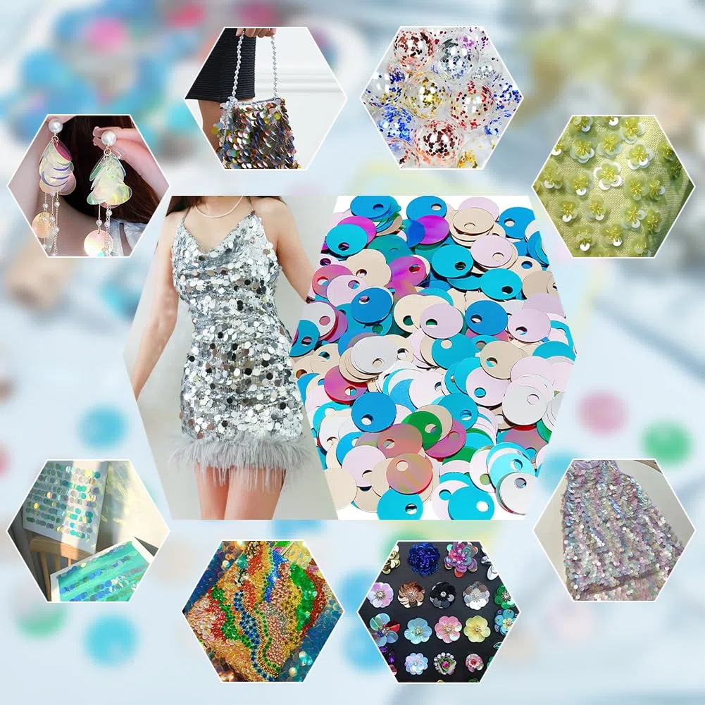 OLYCRAFT 2100 paillettes con foro grande, 19 mm, 7 colori, rotonde, piatte, sciolte, rotonde, paillettes, lustrini glitterati, lustrini iridescenti, per fai da te, cucito, ricamo, foro da 5 mm