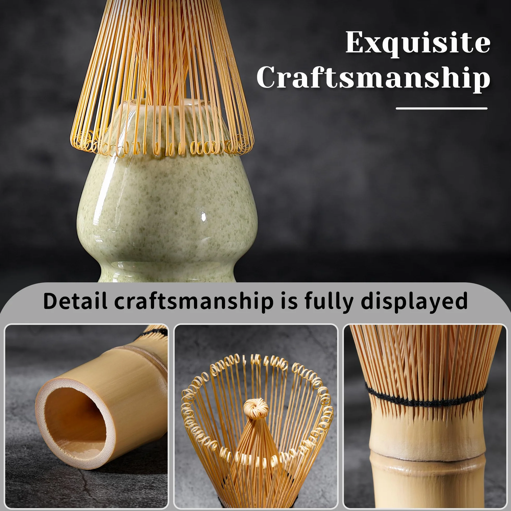 Set Matcha - 7 Pezzi Kit Cerimonia Completo con Frusta Matcha in Bambù Cucchiaio, Colino, Ciotola, Strofinaccio, Portacucchiaio e Supporto per Frusta - per Regalo Del Compleanno e Natale