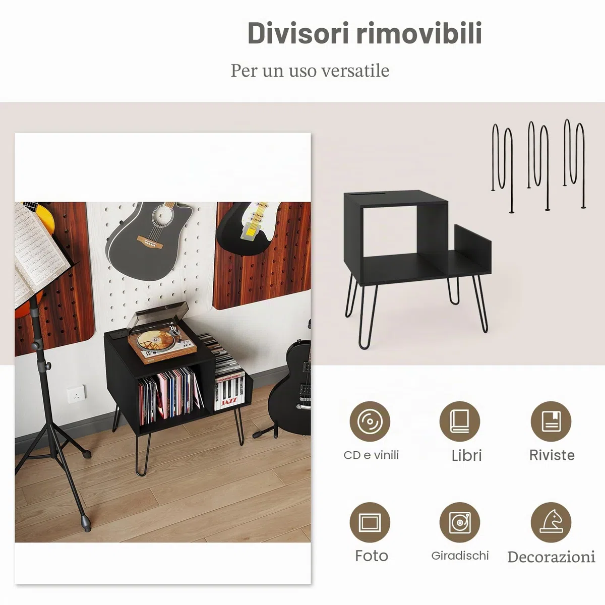 KOMFOTTEU Supporto per Giradischi con Stazione di Ricarica, Porta Dischi Vinile Vintege con Pareti Divisorie e Ripiano Laterale, Espositore per Dischi in Vinile Fino a 145 Album, 66x45x67cm (Nero)