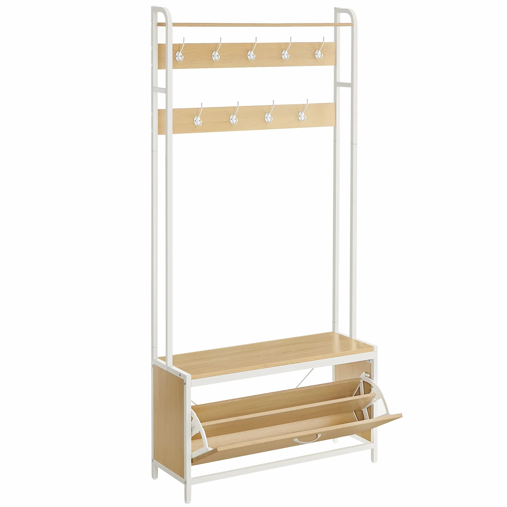 VASAGLE Appendiabiti con Scarpiera a Ribalta, Mobile da Ingresso, con Panca, 9 Ganci e Mensola Superiore, per Corridoio Camera da Letto, Stile Moderno, Rovere e Bianco HSR405W09