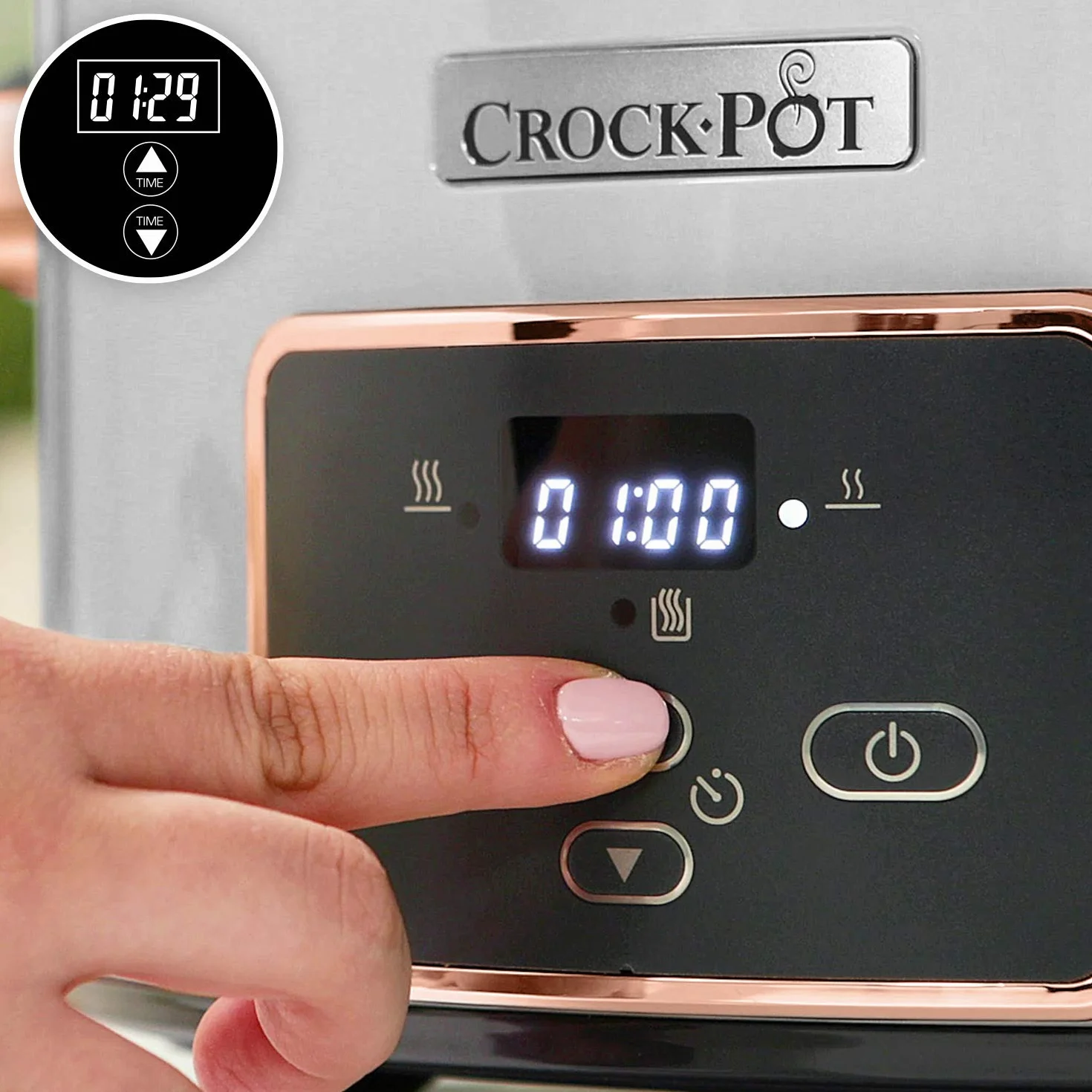 Crock-pot Pentola per Cottura Lenta, Slow Cooker, 3.5l, fino a 4 Persone, Coperchio a Cerniera, Timer digitale Countdown, 2 Impostazioni e Funzione Warm automatica, 200W, Ceramica, Argento