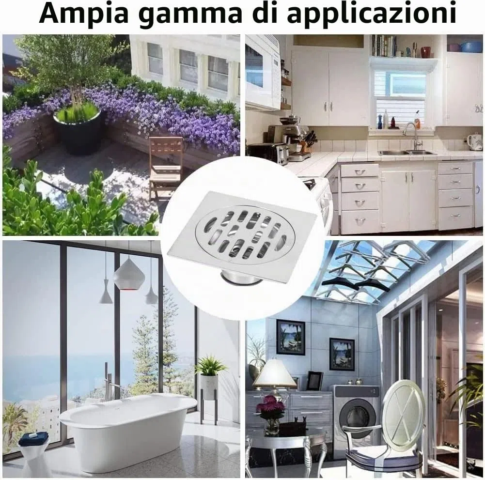 Scarico quadrato a pavimento in acciaio inox con inserto per piastrelle del bagno, anti-odore, anti-intasamento, con filtro rimovibile (stile 2)