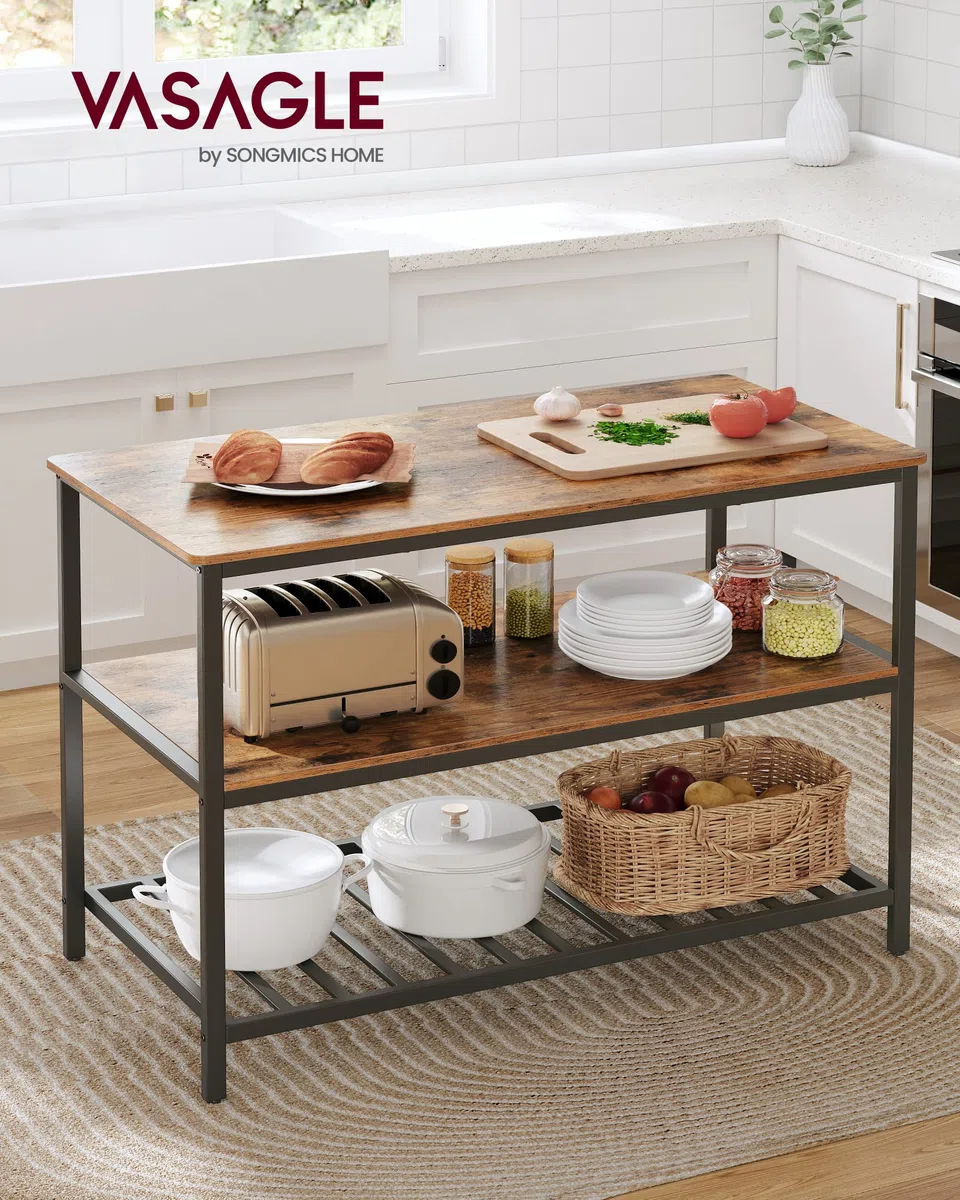 VASAGLE Isola da Cucina con Ampio Piano di Lavoro, Scaffale a 3 Livelli, Struttura in Acciaio, 60 x 120 x 90 cm, Stile Industriale, Facile da Montare, Marrone Vintage e Nero KKI01BX