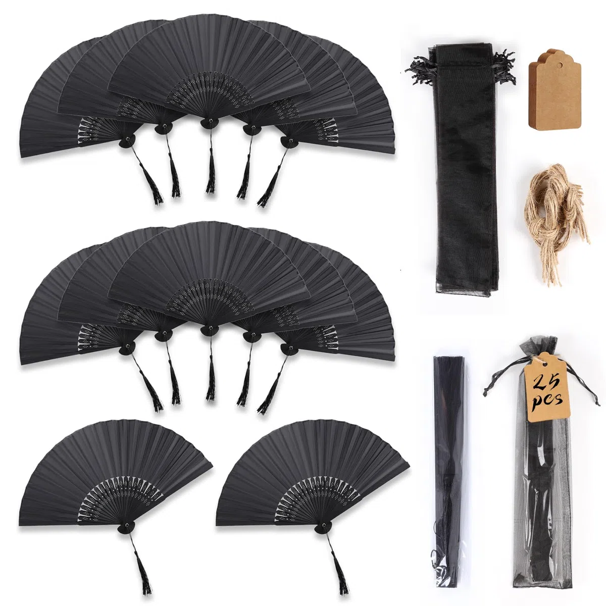 LALAGO 25 Pezzi Ventaglio Pieghevole in Tessuto di Seta, Ventaglio Tascabile, Ventaglio di Bambù, Ventaglio in Seta con Nappe, per la Danza Fotografia Decorazioni per Feste Estive o Matrimoni (Nero)