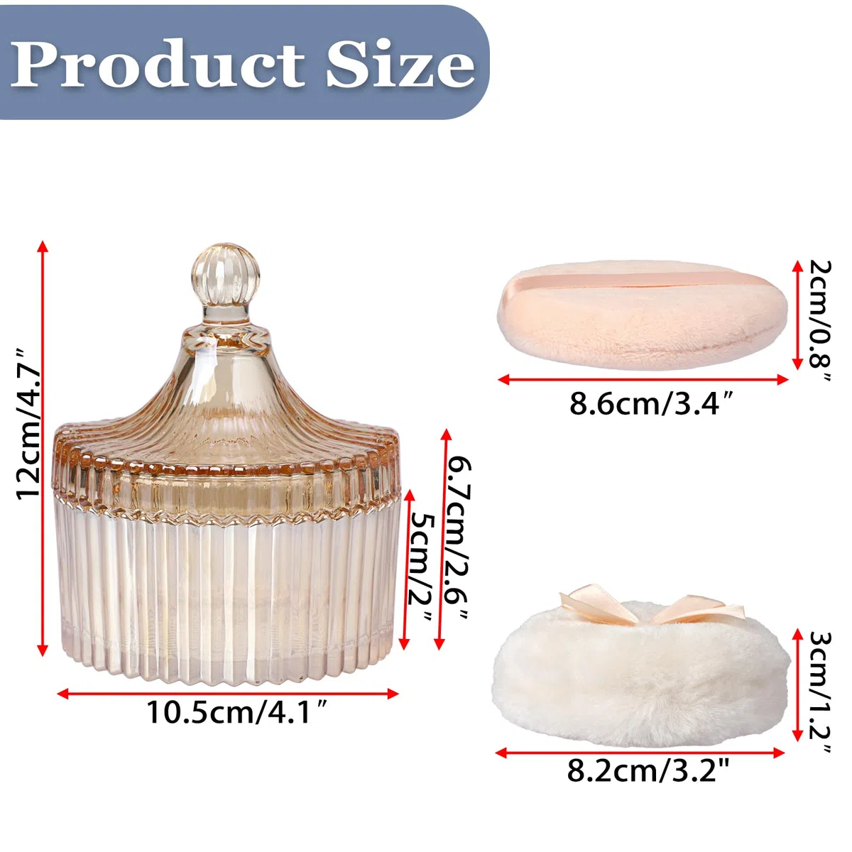Set di 3 contenitori per polvere in vetro, contenitore per polvere per il corpo, contenitore per polvere per il corpo, talco, polvere cosmetica per il compleanno, regalo (senza polvere) (ambra