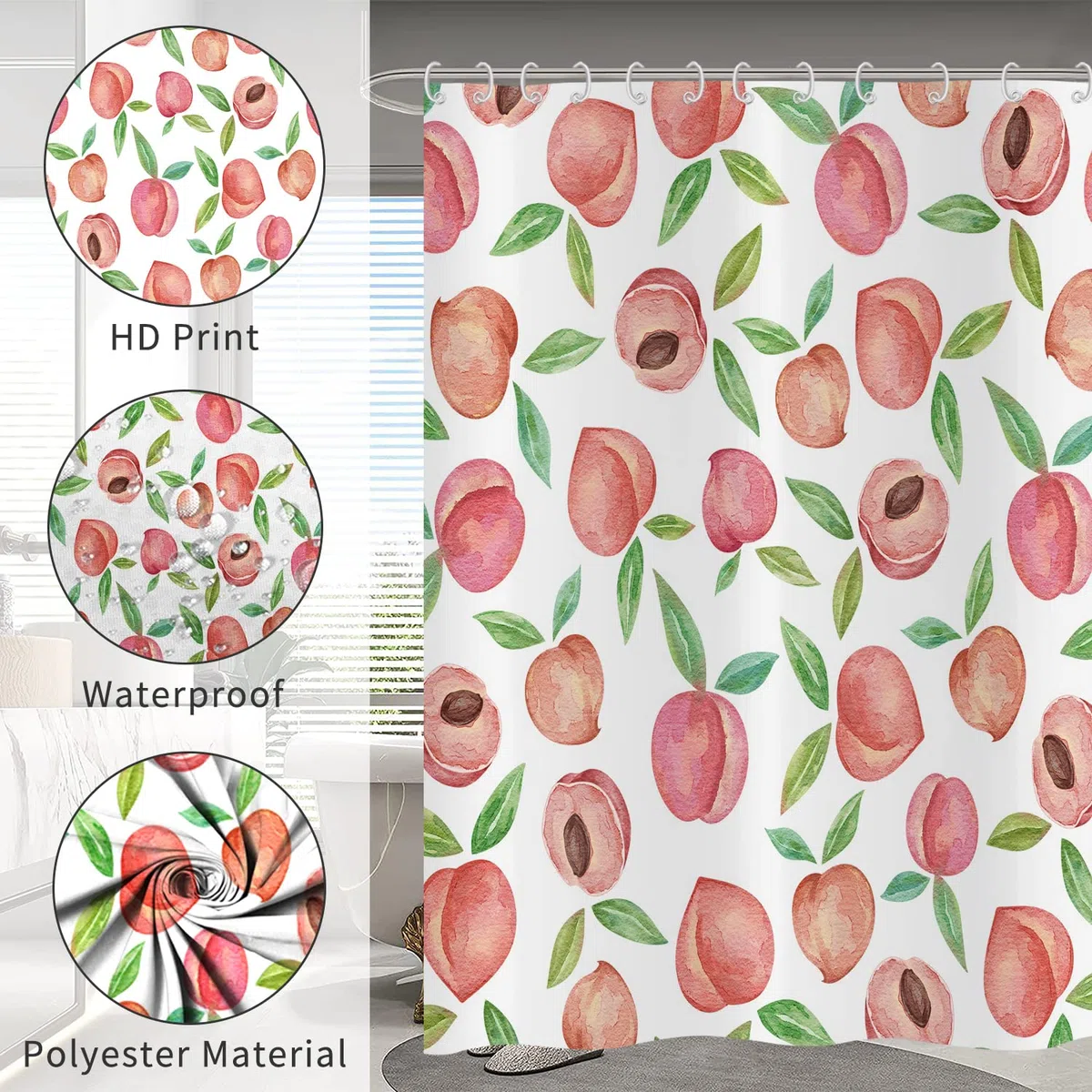 Tenda da doccia Rosa Pesca 180x200, Allover Frutti Verde Foglie Tende da doccia Acquerello Luminoso Colorato Estetica Tenda da bagno Impermeabile Poliestere Tessuto Lavabile Tenda da bagno