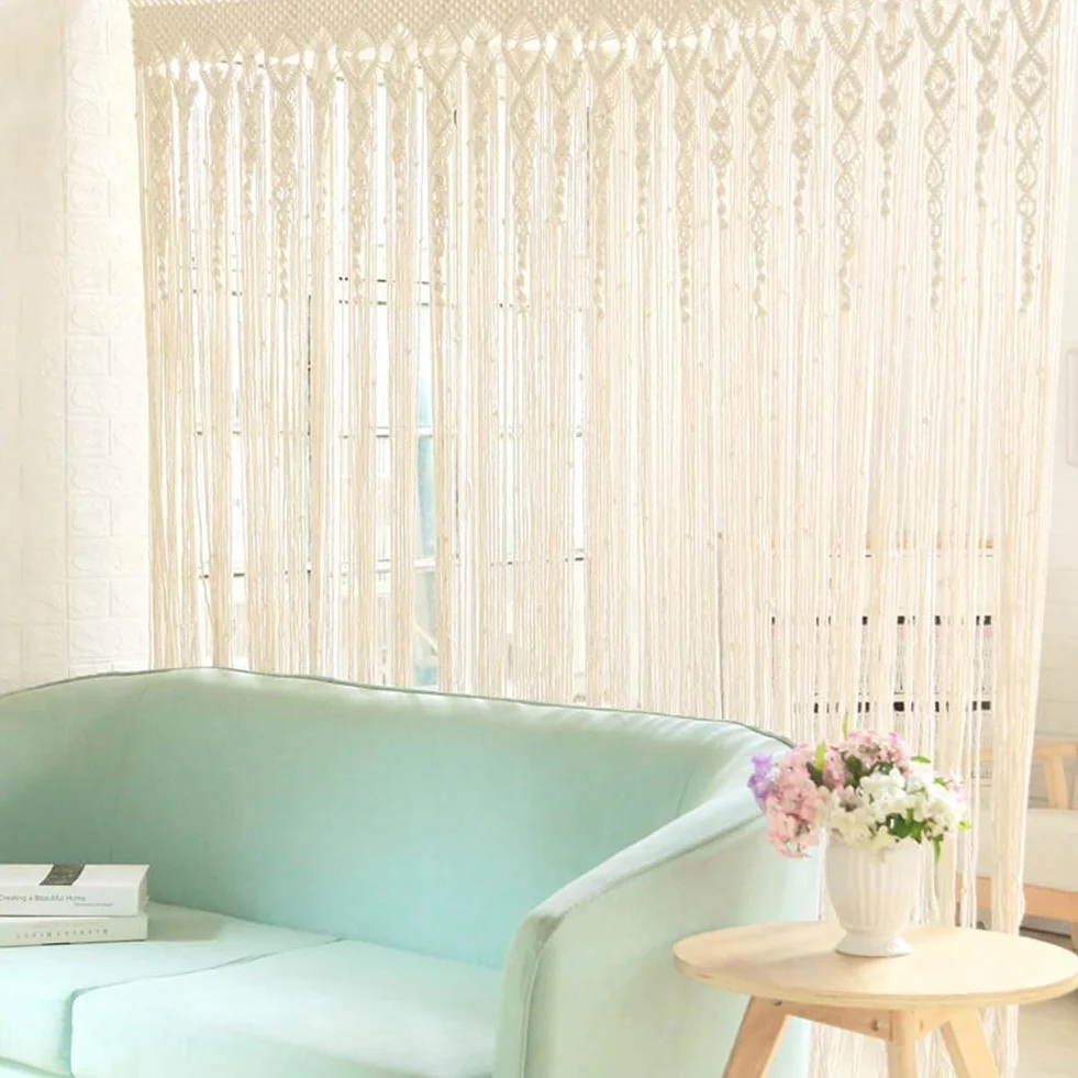 Tenda da porta in tessuto macramè, in cotone, da appendere alla parete, per finestra, arco, porta, sfondo, decorazione per la casa, beige (100 x 200 cm)