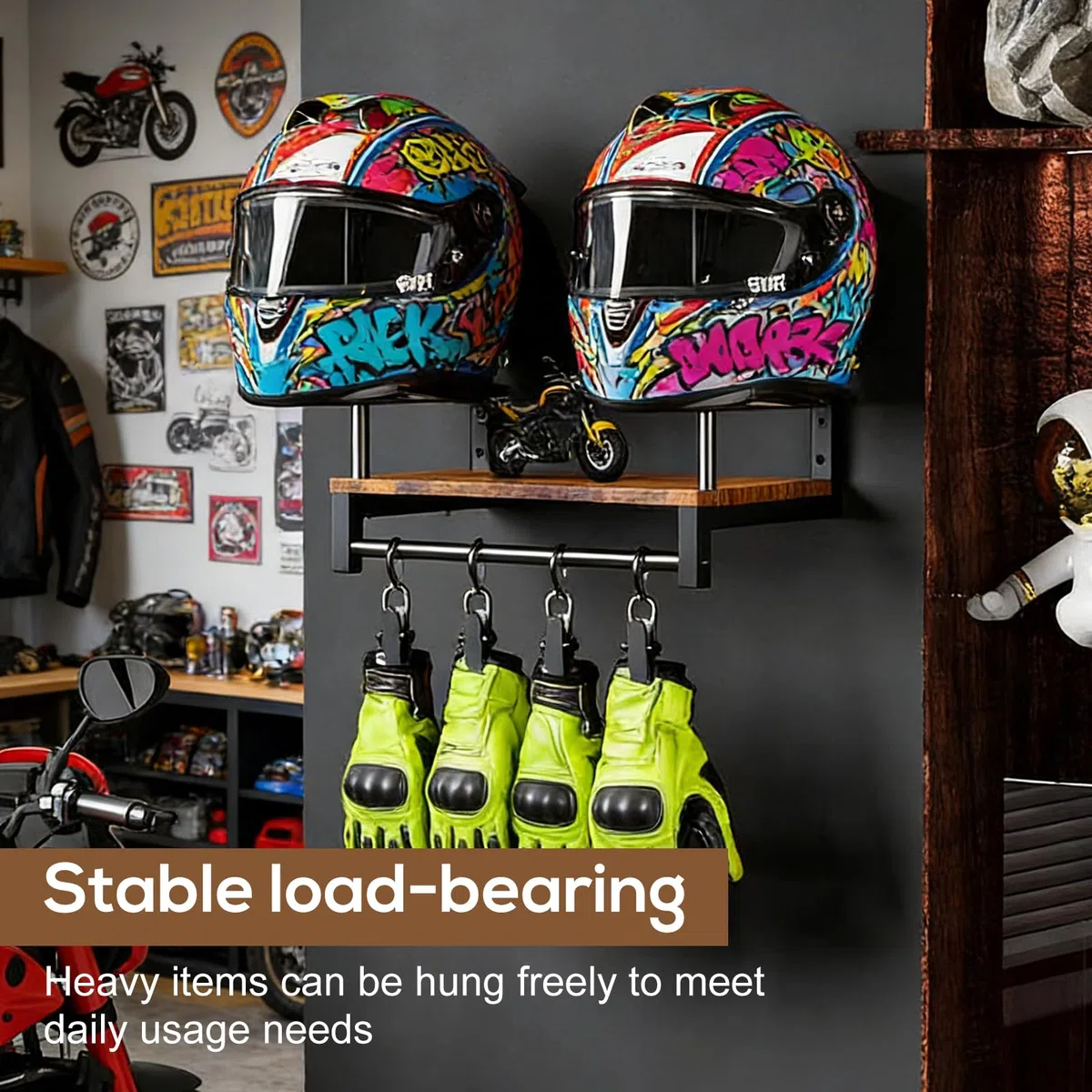 GOMETY Supporto da parete per casco da moto, in legno, con ripiano e 4 clip, organizer per casco da moto, casco da moto, casco da bicicletta, giacca e guanti