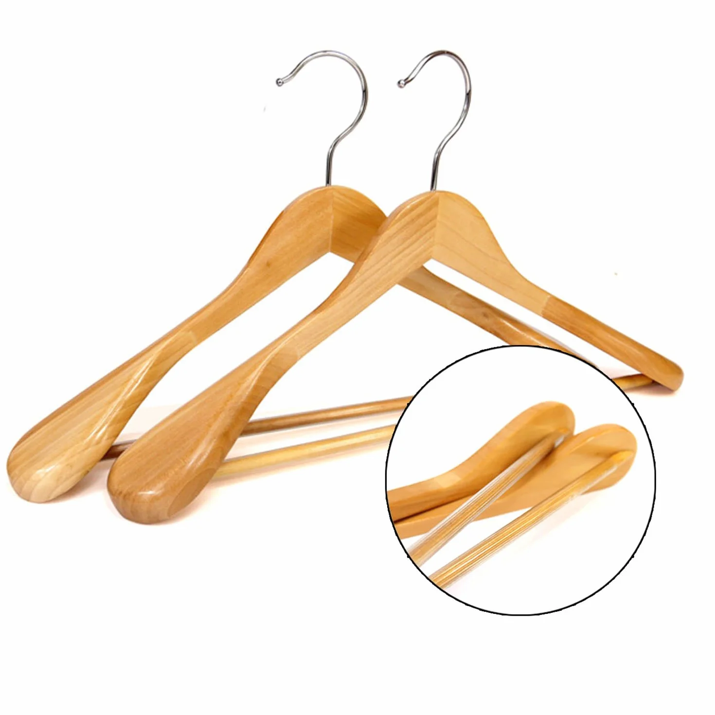 6 grucce appendiabiti in legno con barra antiscivolo per pantaloni di qualità naturale (6 grucce con bordi delle spalle larghi)