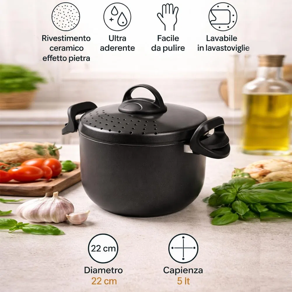 BAKAJI Pentola Scolì da 22 cm con Scolapasta Integrato, Coperchio Autobloccante, Manici Mobili ed Ergonomici, Antiaderente in Alluminio, Colore Grigio, Ideale per Pasta e Spaghetti