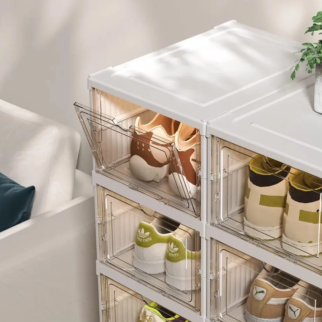 BDIT ACCESORI Scatole per scarpe - Organizer per scarpe in plastica, 6 scatole portaoggetti in plastica rigida trasparente, scarpiera impilabile con porta magnetica, organizer per scarpe armadio.