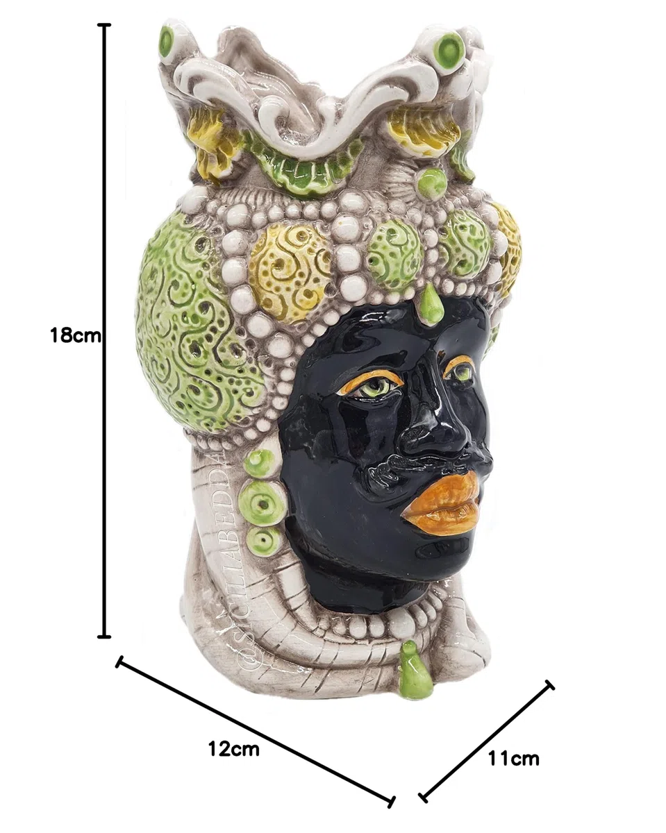 sicilia bedda - Teste di Moro Siciliane in Ceramica di Caltagirone - Realizzato Interamente a Mano - Altezza 18 Centimetri (Testa di Moro Saraceno Verde)