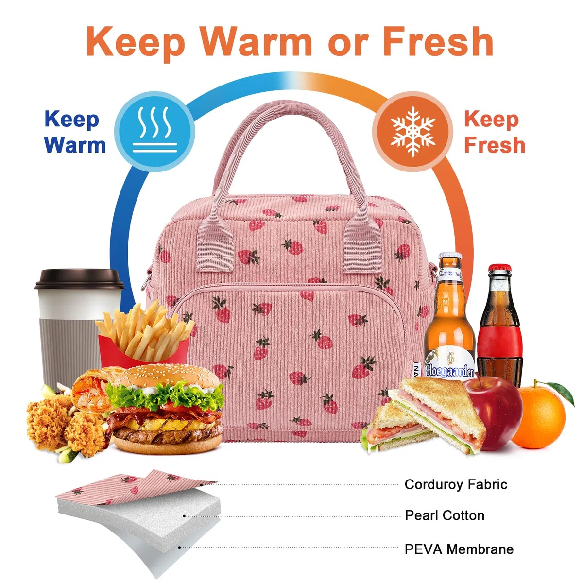 Nanxson Borsa pranzo isolata per donne uomini,12L grande capacità riutilizzabile Lunch Box Carino Corduroy Cooler Tote Borse per lavoro Picnic o viaggi(12L,Rosa Fragola)