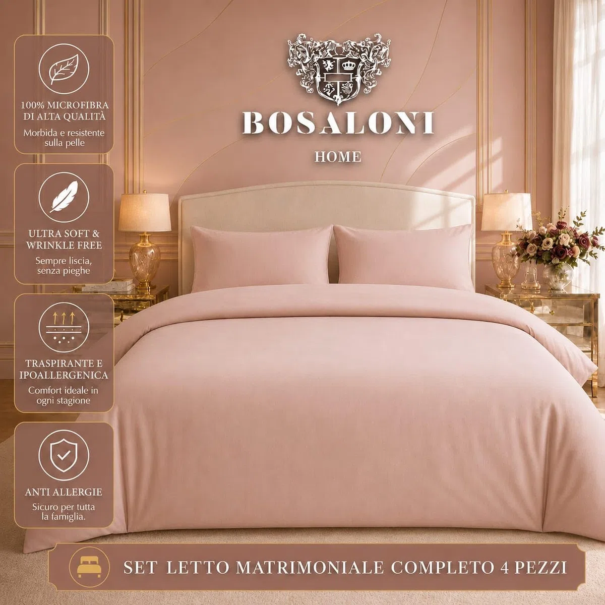 Completo Copripiumino Matrimoniale 220x230 cm BOSALONI HOME Essential Collection – Lenzuolo Sotto con Angoli 160x200+35 e 2 Federe 50x80 – Set Letto Elegante in Microfibra Morbida (Rosa Antico)