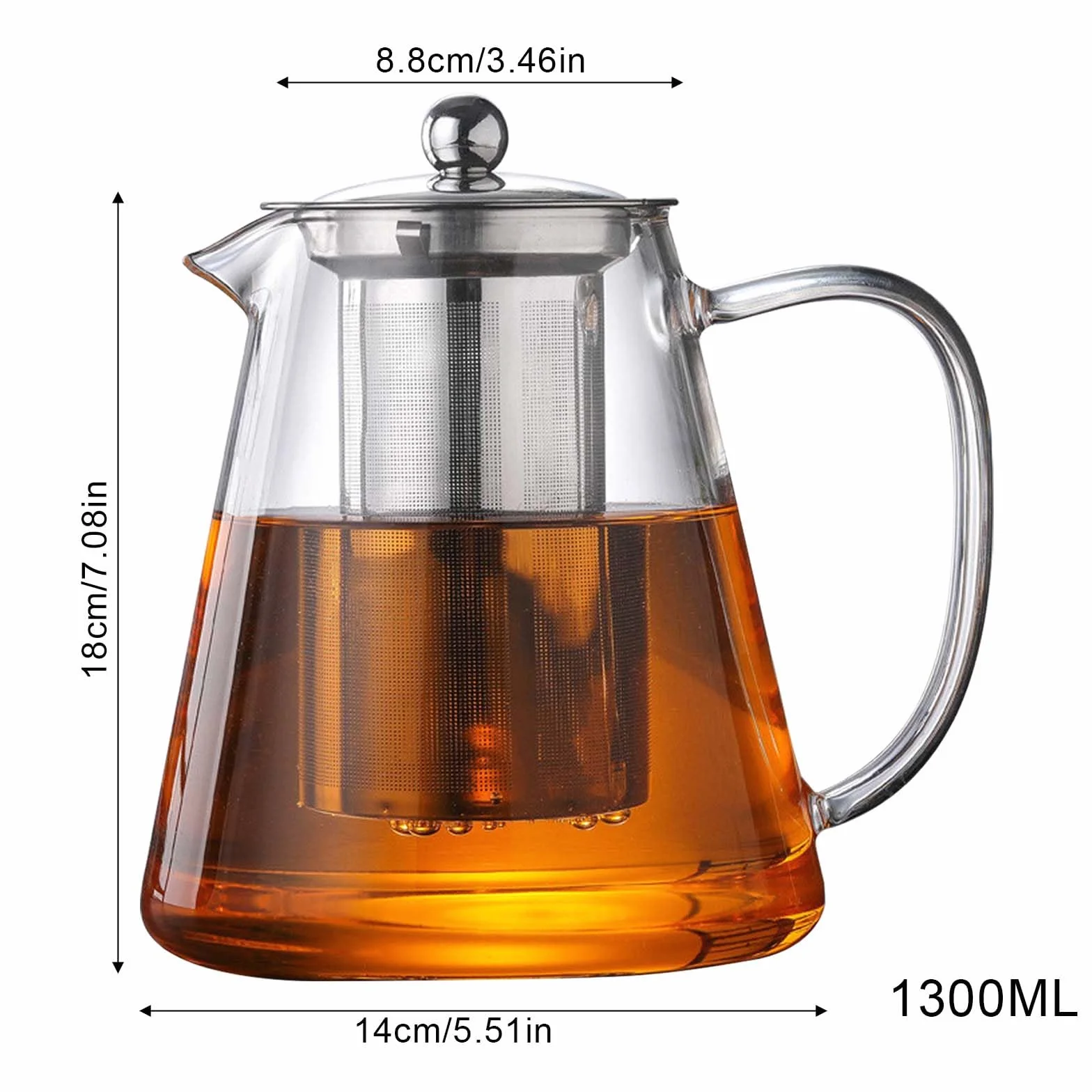 Teiera in Vetro Borosilicato da 1,3 Litri con Filtro e Protezione da Surriscaldamento per Foglie Sciolte, Ideale per la