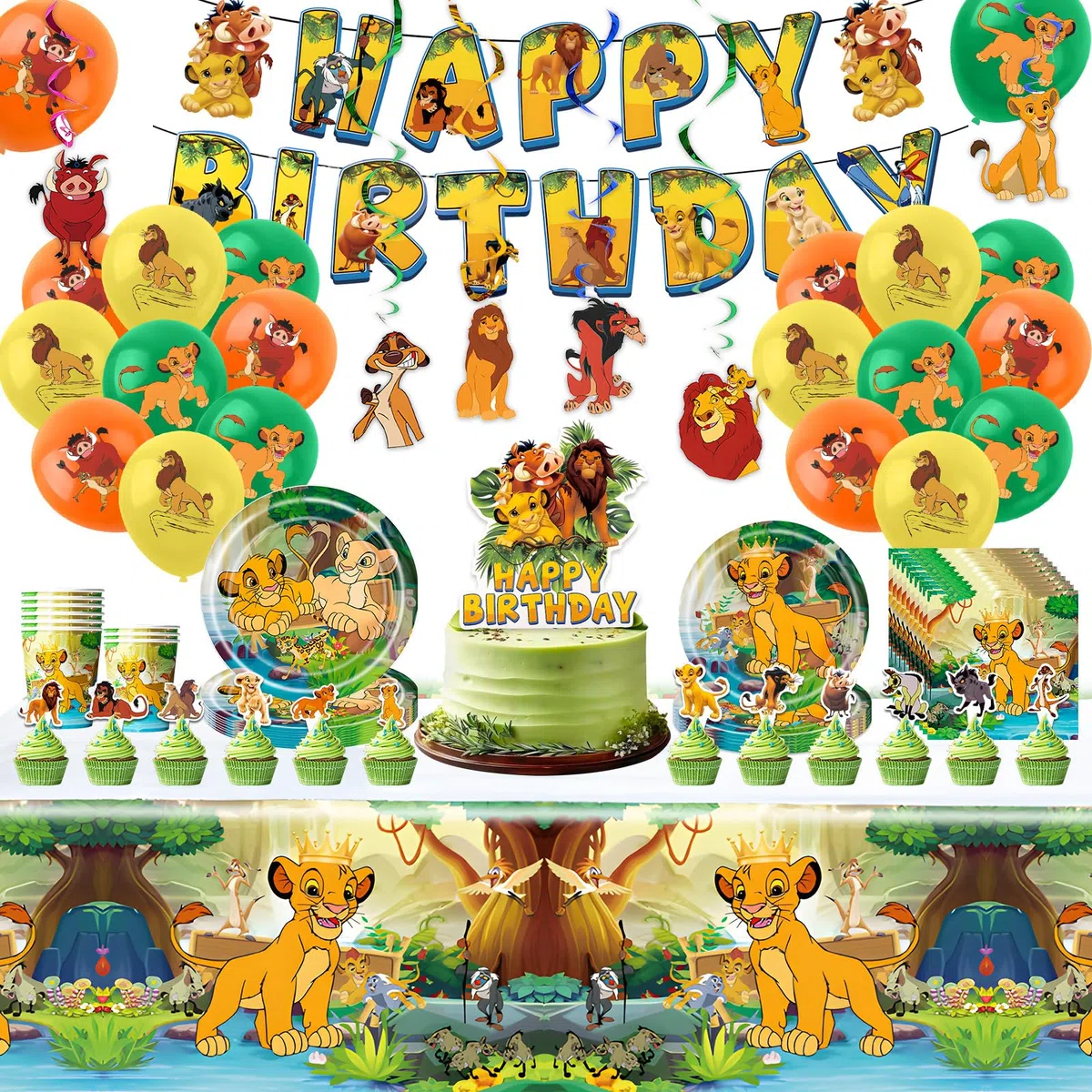 89 Pezzi Decorazione di Compleanno Leone, Piatti di Carta per Feste di Compleanno per Bambini Piatti Tovaglioli Palloncini Decorazione per 10 Persone