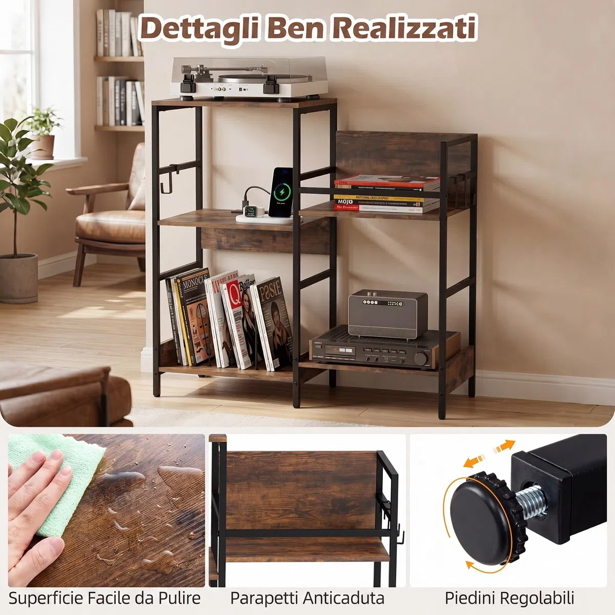 COSTWAY Mobile per Giradischi, Supporto per Vinile con Stazione di Ricarica, Mobile Porta Giradischi con 3 Ripiani, Scomparto, Ripiano Porta Vinili e 3 Ganci per Soggiorno e Studio, 78 x 30 x 78 cm