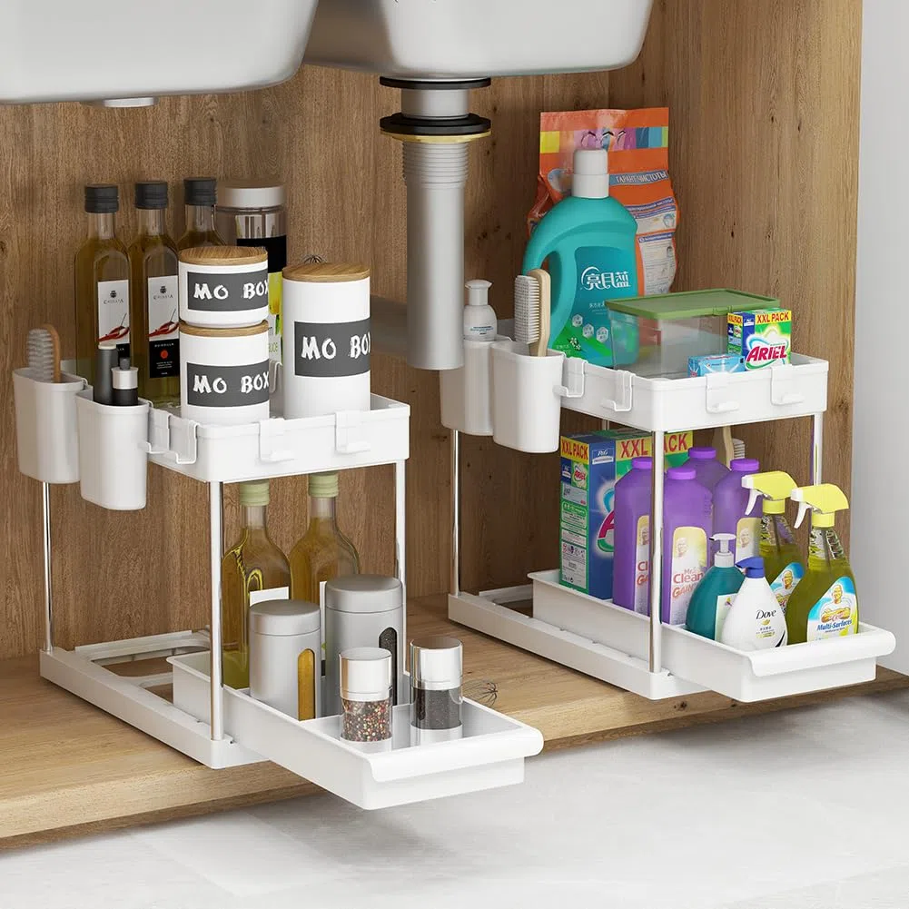 BAKAJI Set 2 Organizer Sottolavello per Bagno e Cucina con Cassetto Scorrevole, Scaffale Cestello Scorrimento Salvaspazio 2 Ripiani, Scaffalatura Sotto Lavello Portaoggetti Ripiano Estraibile (Bianco)