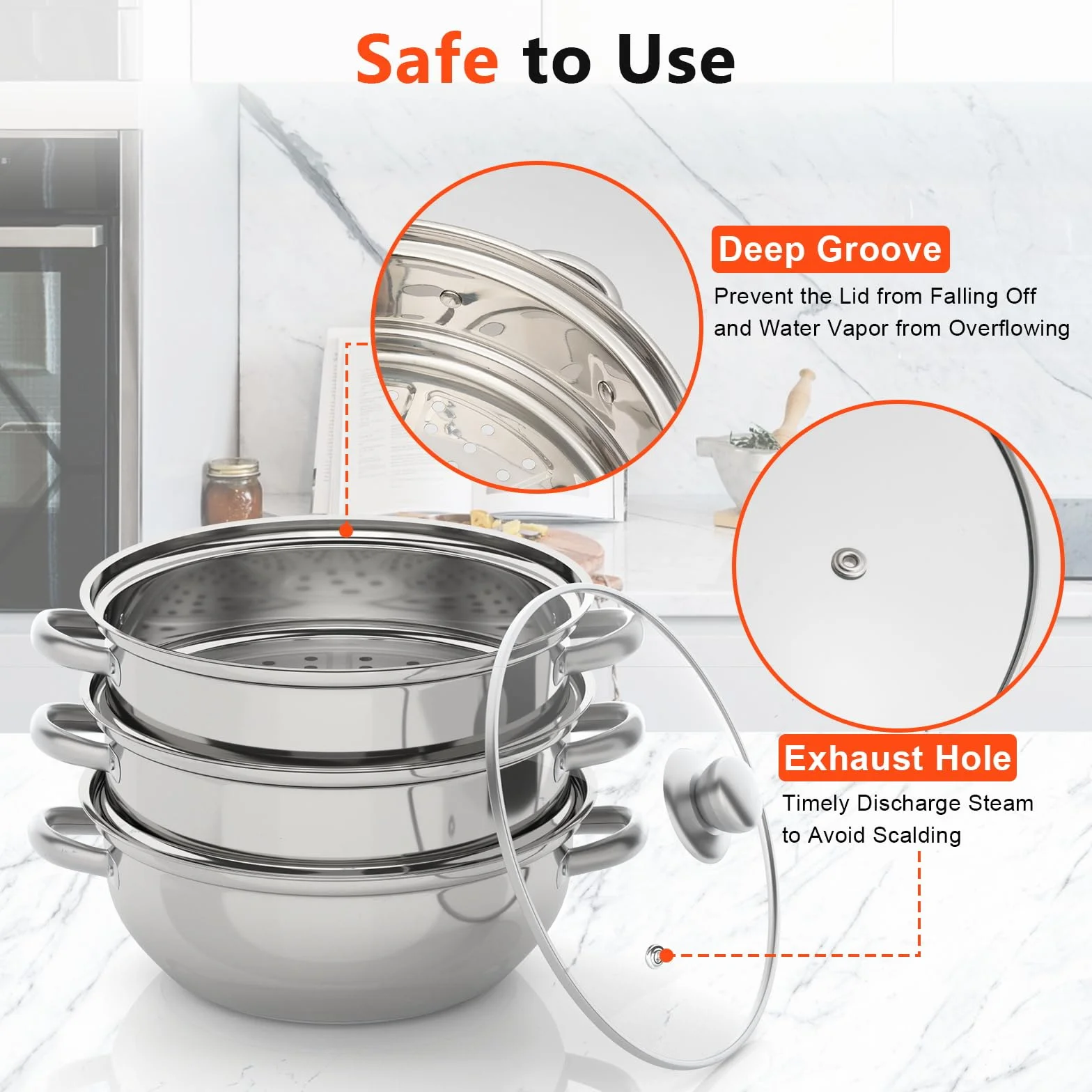Steamer a 3 strati da 28 cm, pentola a vapore con manici Steamery, vaporiera impilabile con coperchio in vetro per la casa, pentola per cucinare a vapore in acciaio inox per gas, elettrico, induzione