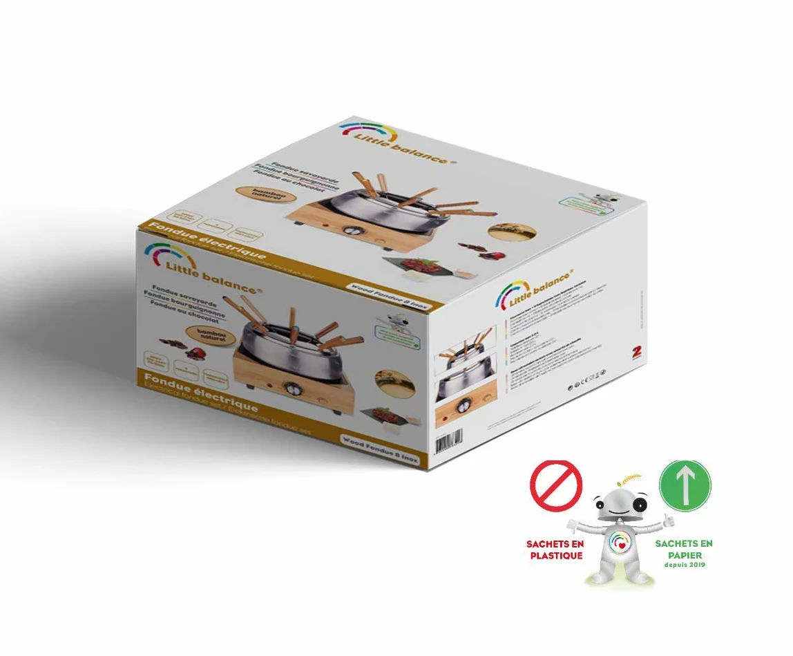LITTLE BALANCE 8320 Wood Fondue 8 Inox – Apparecchio per fonduta 8 persone – Caquelon Inox antiaderente grande capacità 2 litri – Potenza 800 W – Finitura in vero bambù