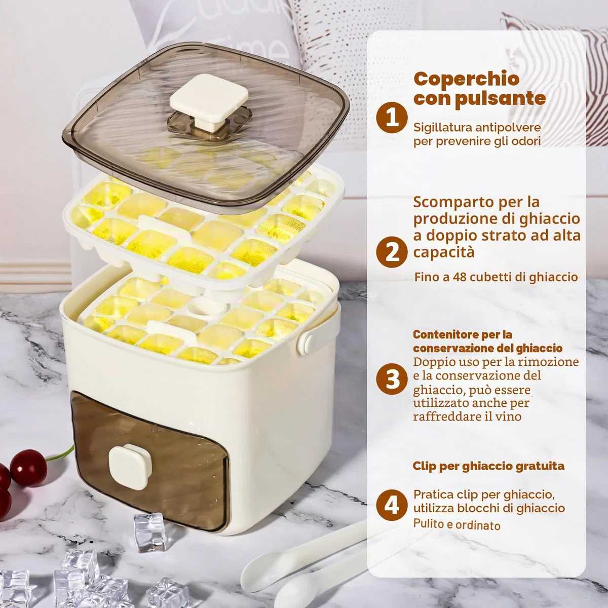 Macchina per il ghiaccio da banco, rilascia tutti i cubetti di ghiaccio in un secondo, vassoi per 48 cubetti di ghiaccio con manico, pinze e cestino, portatile. per casa/ufficio/bar