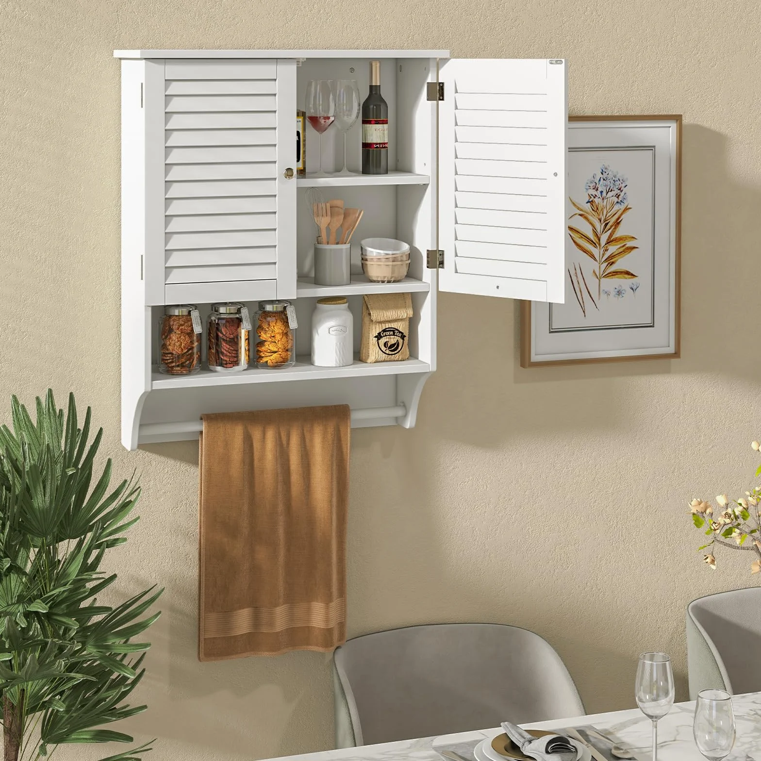 COSTWAY Armadietto da Bagno Sospeso, Armadietto da Parete con 2 Ante, con Ripiano Regolabile in 3 Posizioni e Barra Porta Asciugamani, 60x22x75 cm (Bianco)