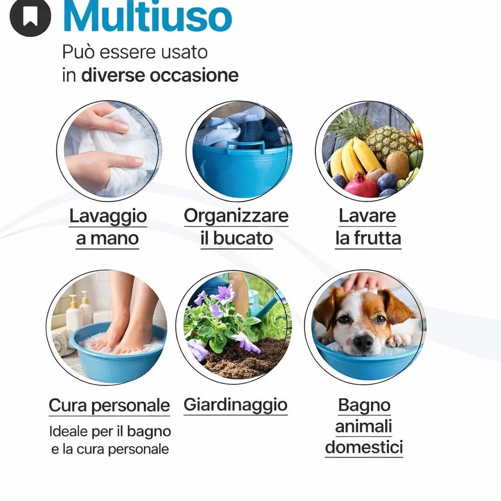 TOMAINO - Bacinella Bucato in Plastica Rigida Tonda - Contenitore Portabiancheria Multiuso per Casa, Lavaggio Panni e Cane - Catino per Bucato 30 lt Ø 52 cm