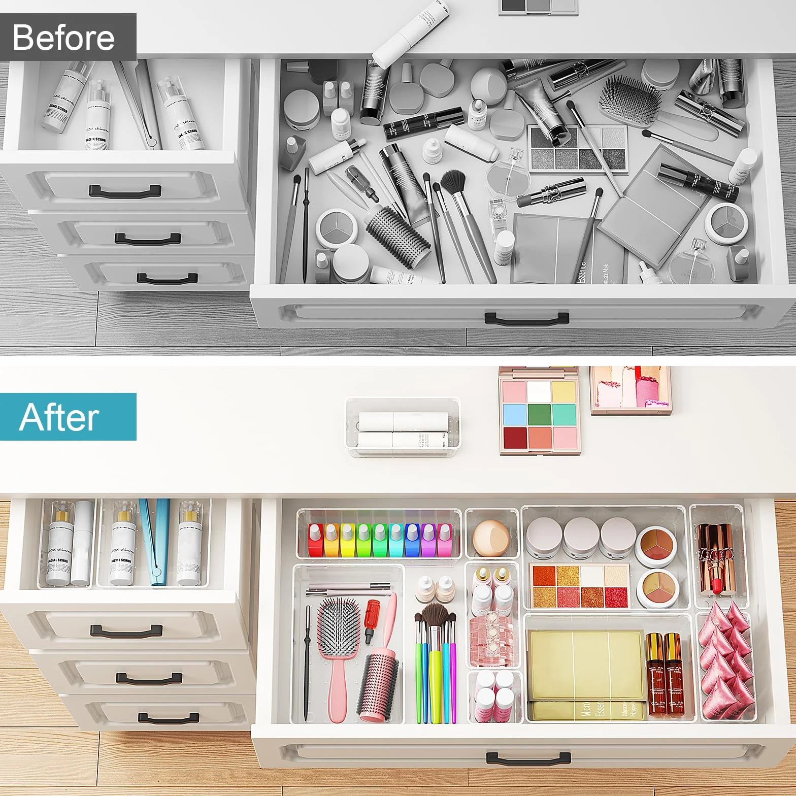 Radikor Organizer Cassetti 25 Pezzi, Organizer Trucchi Cassetti in Plastica Trasparente, Contenitori Cassetto Impilabili di 4 Dimensioni per Bagno, Cucina, Trucchi, Scrivania