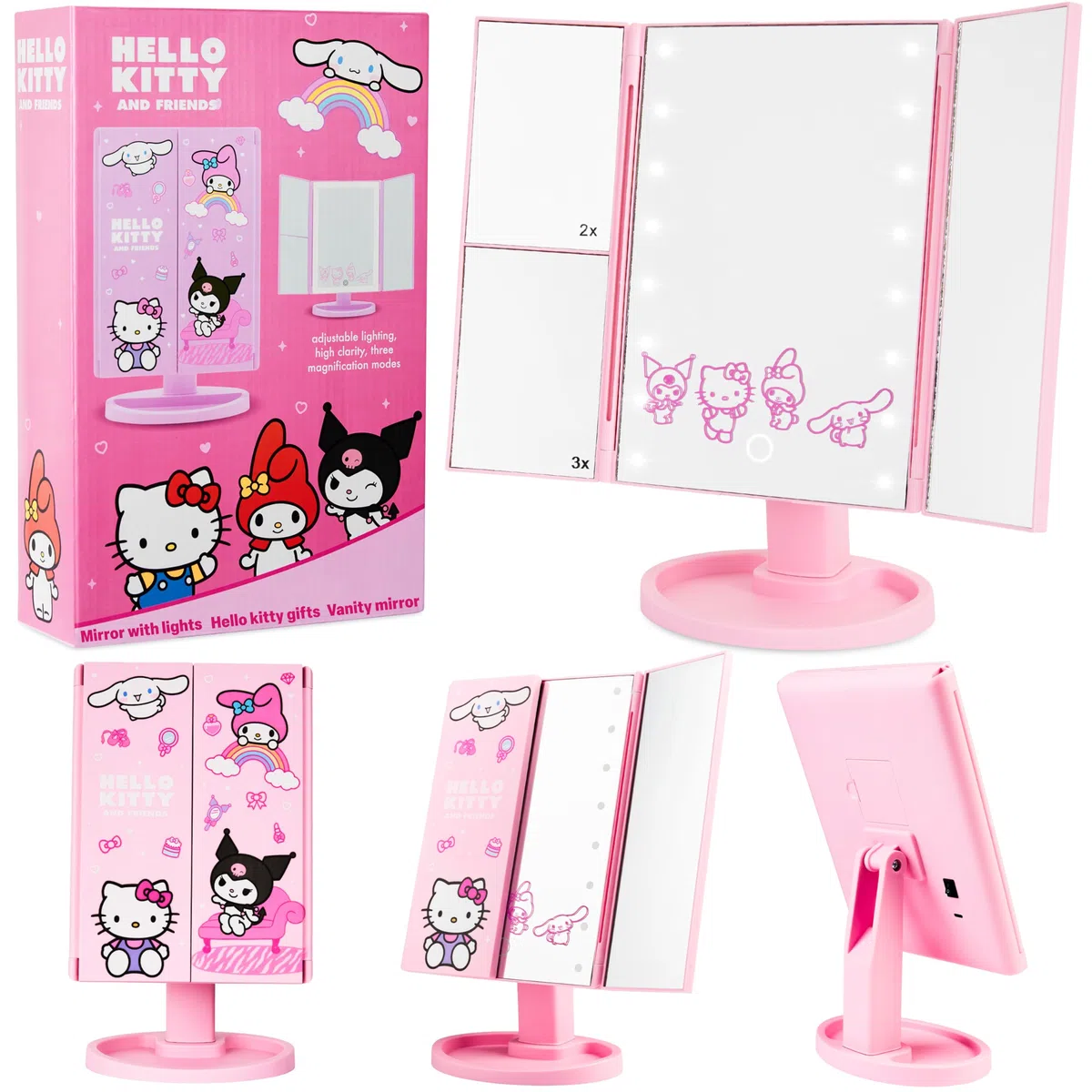 Get Trend Hello Kitty Sanrio Specchio Vanity con 16 LED Luci Tri-Fold Illuminare Specchi da Trucco con 3 Modalità Ingrandimento e Sensore Touch