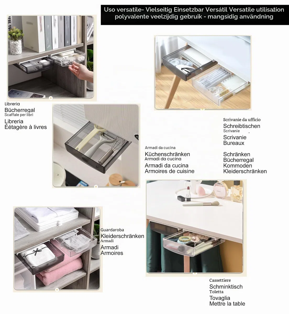 TUKA-i-AKUT 2X 1,7L Cassetti Sotto Scrivania, 21x18x5,4cmcm Autoadesivo Nascosta Cassetto Sottostruttura per Scrivania/Mobile/Libreria/Mobile da Cucina ecc. 2 Unità Glassato Traslucido TKD8608