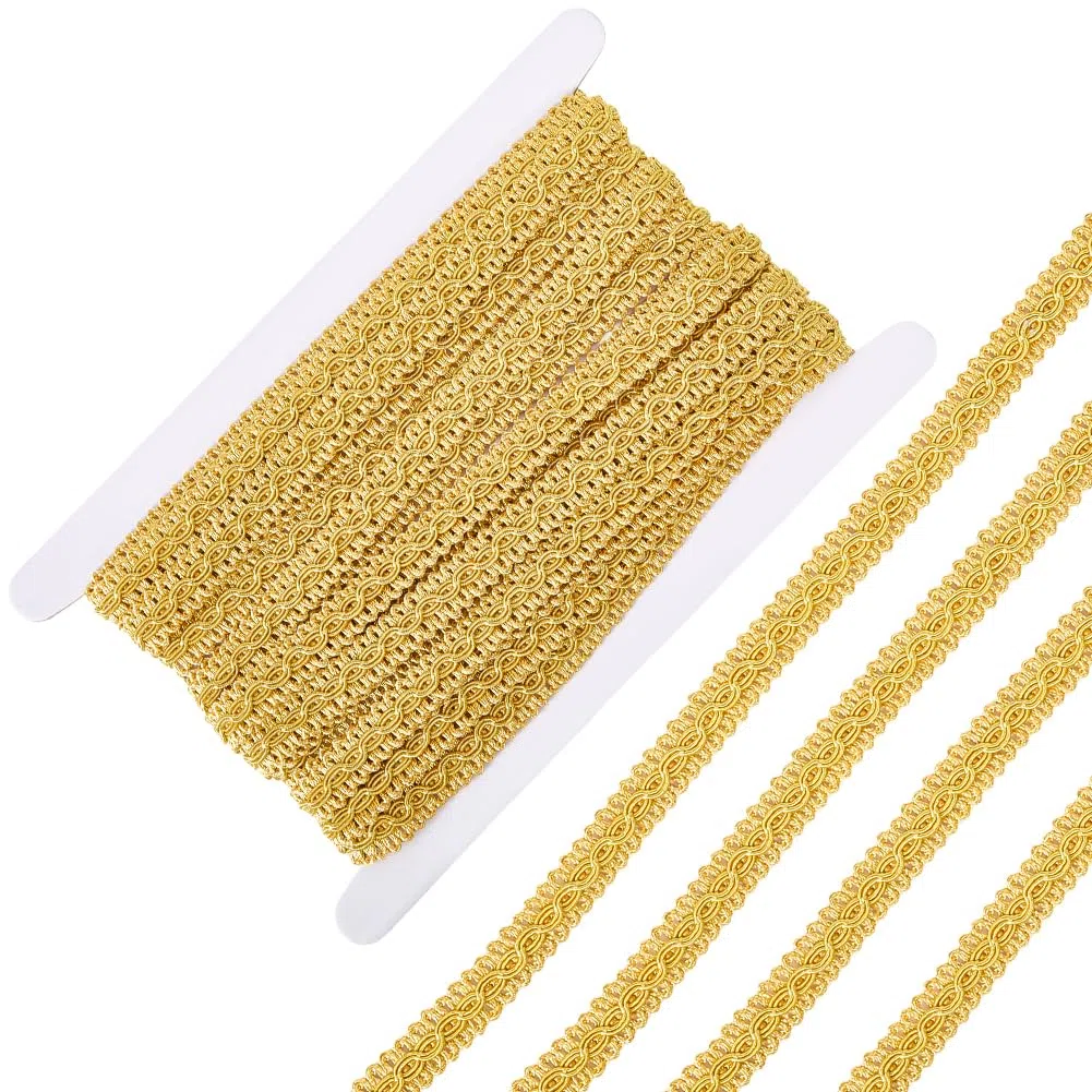 Rotolo di Nastro in Pizzo Intrecciato Dorato da 10 m e 1/2 Pollici con Frange in Poliestere per Tappezzeria Creazione di Gioielli Cucito Artigianato Costumi Tende Accessori Decorativi.
