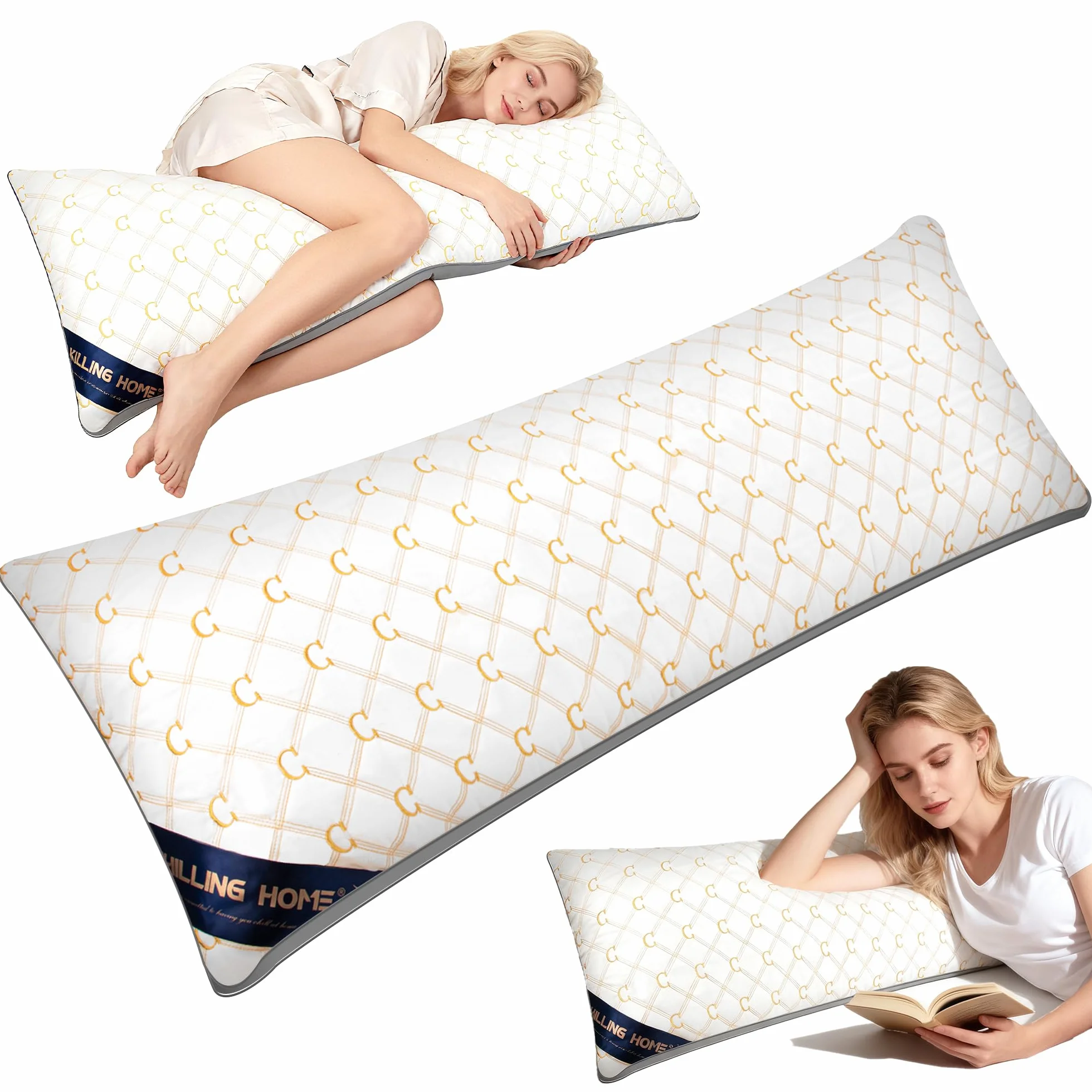 Chilling Home Cuscino per chi dorme sul fianco, con rivestimento ricamato, per gravidanza, cuscino lungo per chi dorme sul fianco (bianco-oro)