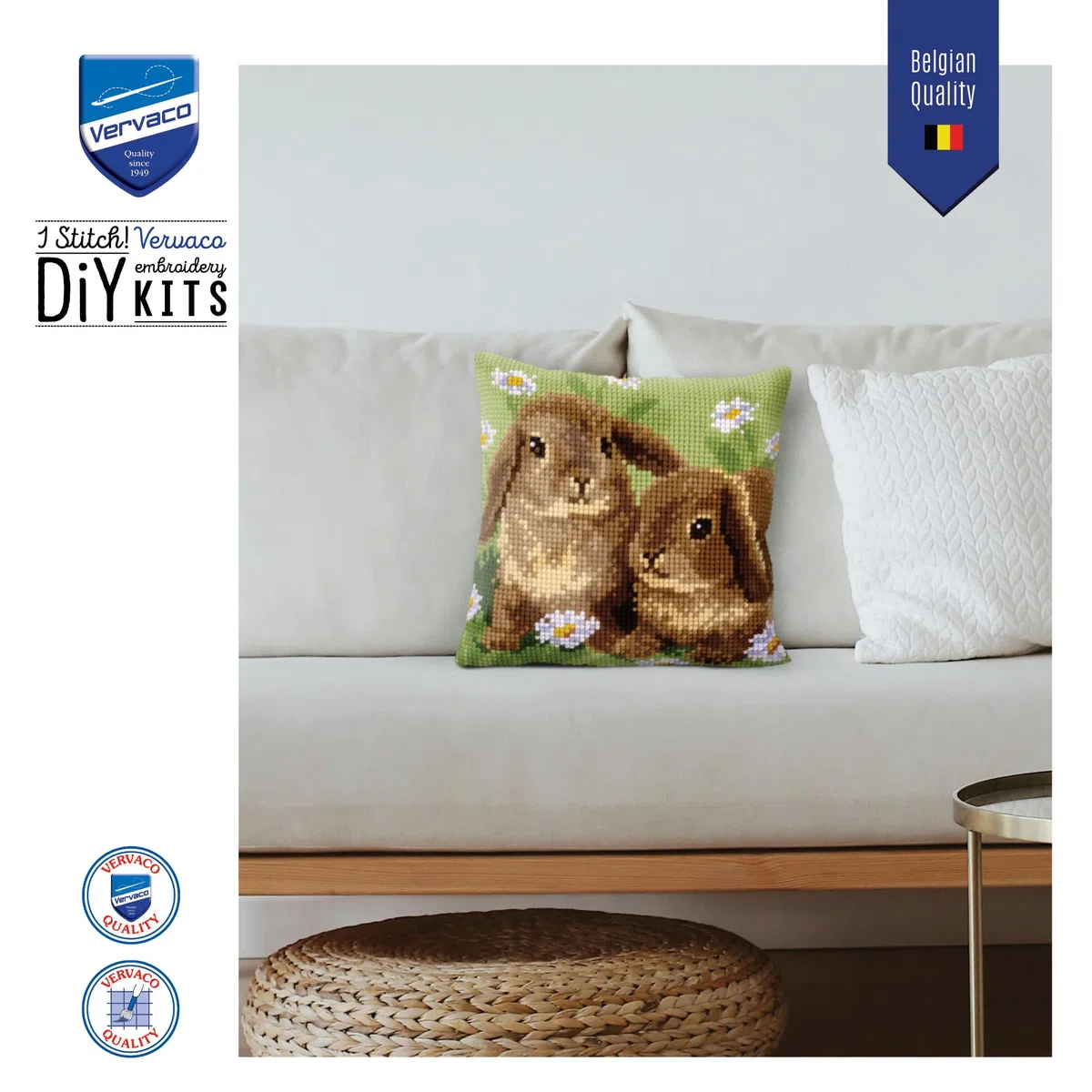 VERVACO Kit Cuscino Punto Croce Due Conigli Set Ricamo Principianti Cuscini Gobelin Decorativi ca. 40 x 40 cm Accessori per Lavoretti Creativi DIY Casa Decor Hobby Adulti Cross Stitch