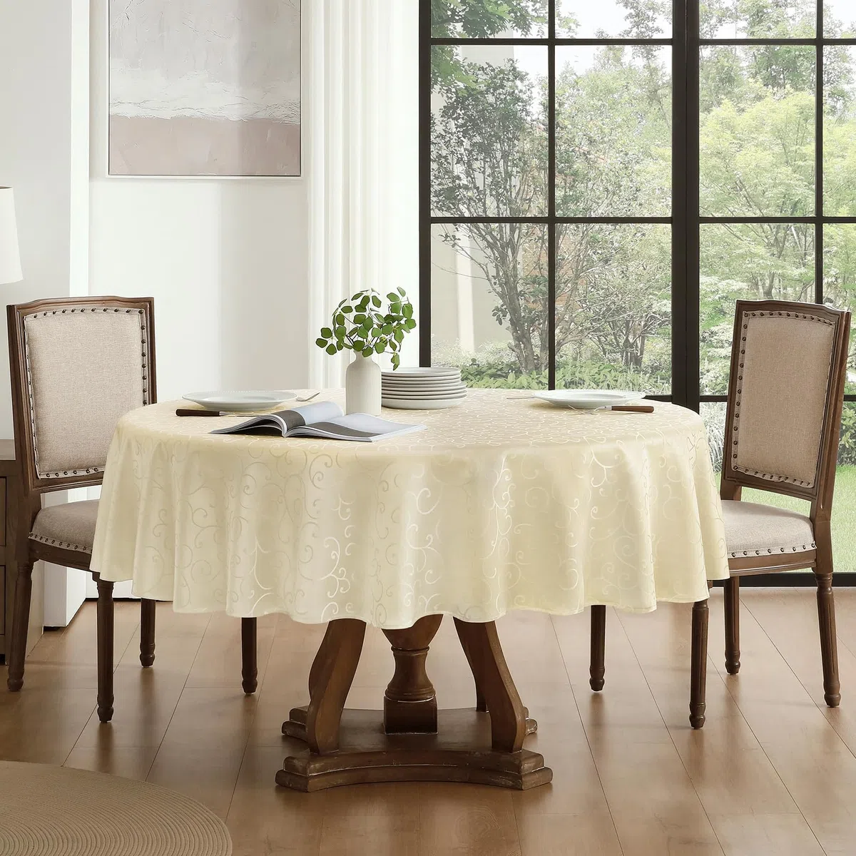 Romanstile Tovaglia Rotonda 180 cm Diametro Primaverile Jacquard Elegante Tovaglie Beige idrorepellente da Esterno 6-8 posti Perfetta per la Grande Tavola Festiva per Pasqua,Campagna,Ricevimento,Caffè