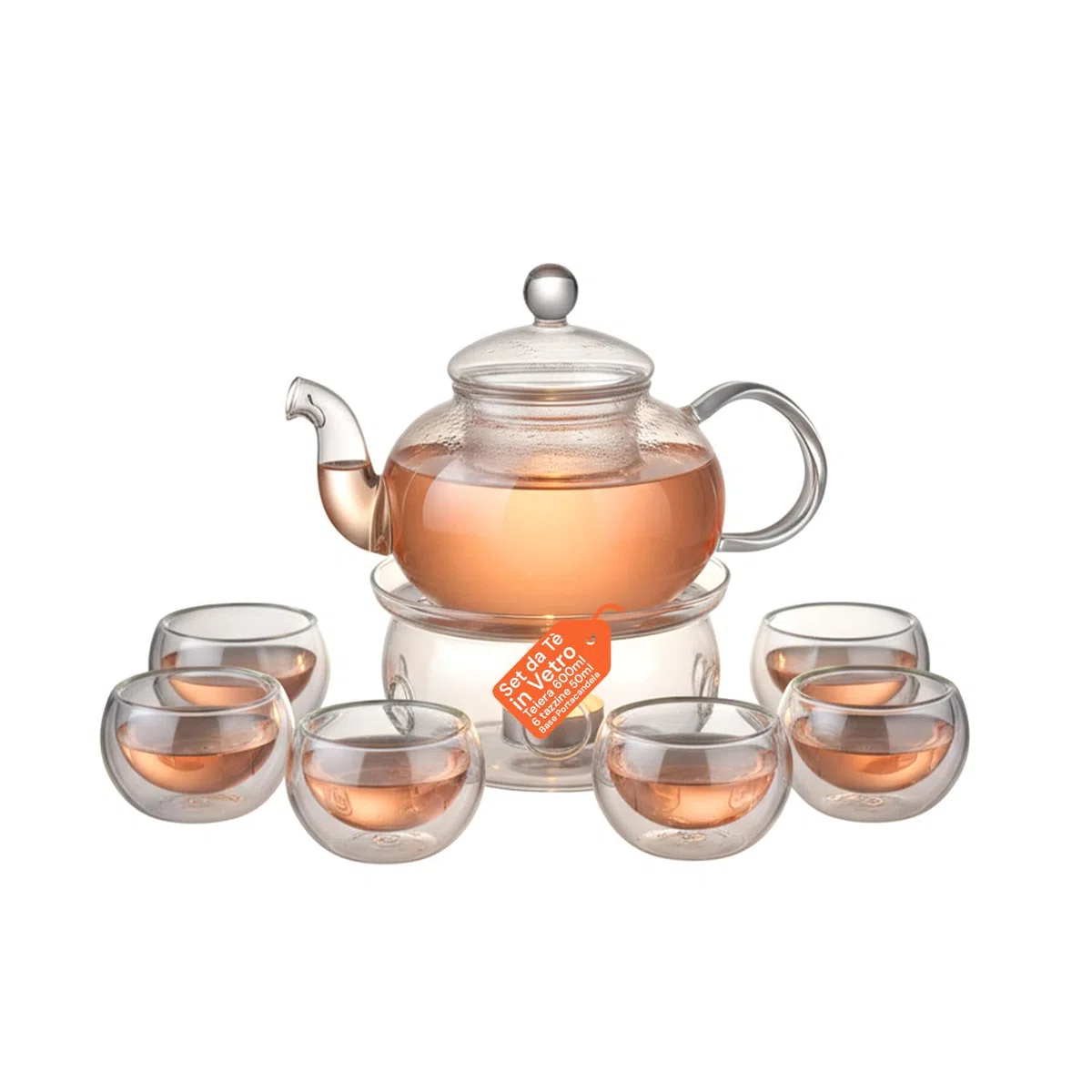 Avilia - Teiera in Vetro 600ml con Infusore e Base Portacandela, Set con 6 Tazzine Resistenti al Calore, Ideale per Tè Sfuso e Infusi, Elegante Idea Regalo Raffinata