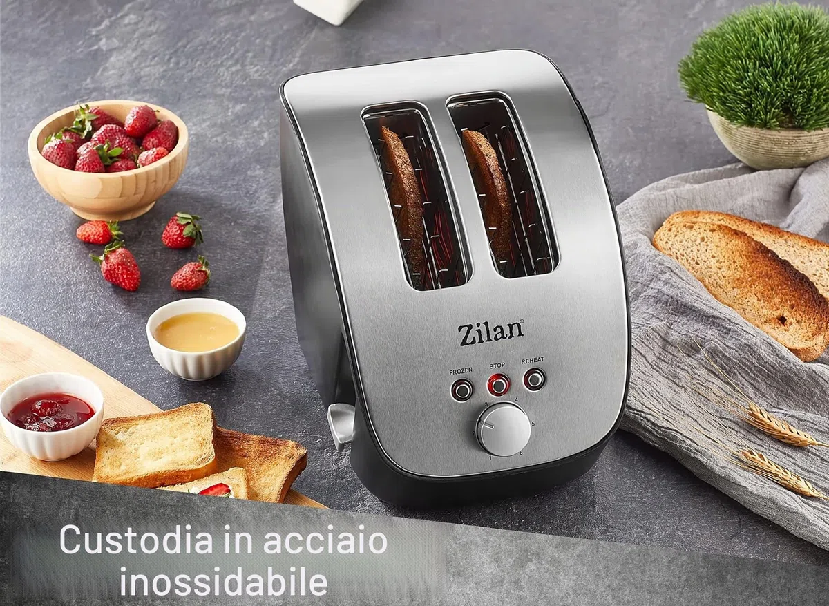 Zilan, Tostapane in acciaio inox, tostapane da 1000 W - 2 ampie fessure per tostapane - tostatura a 6 livelli con funzioni di scongelamento, riscaldamento e cancellazione