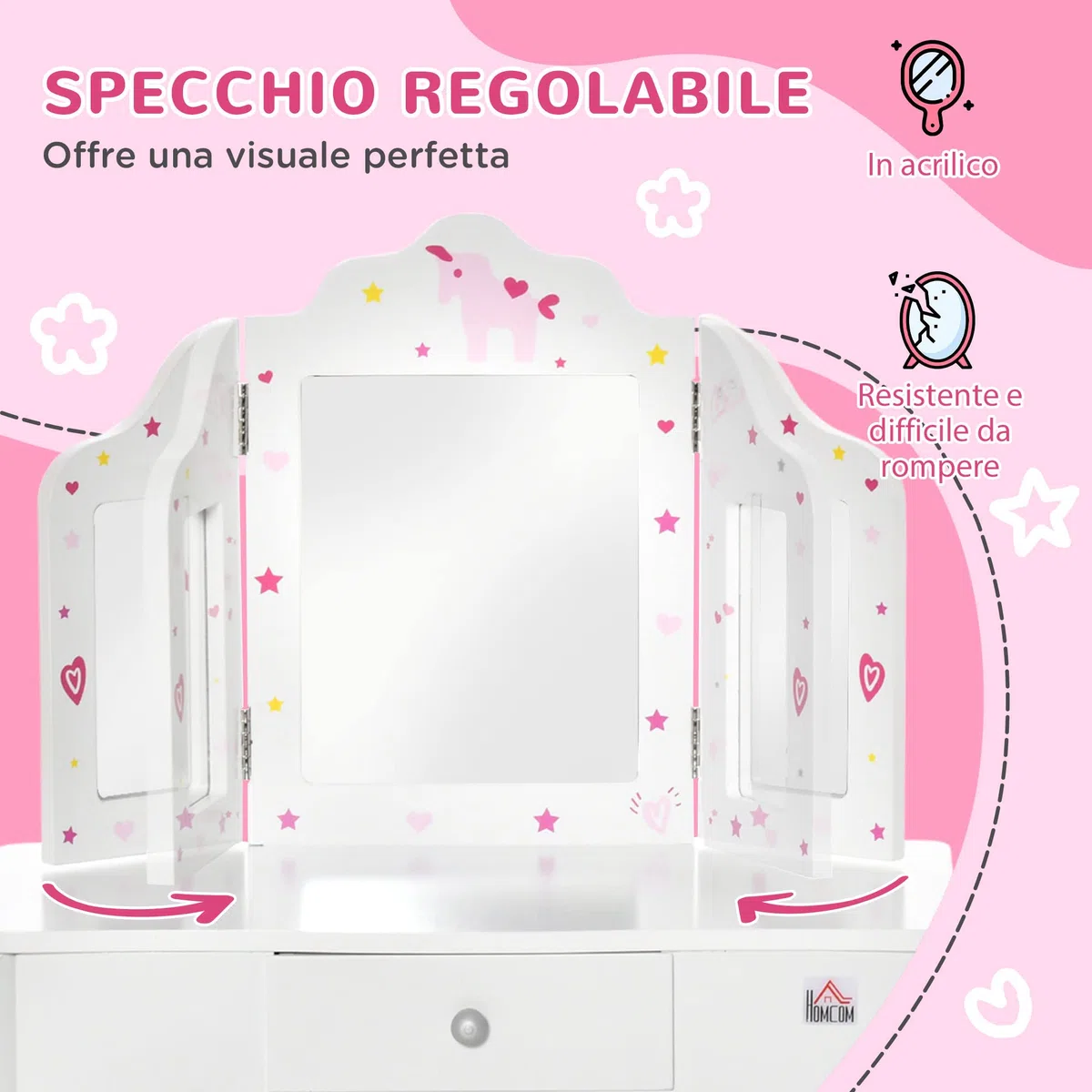 HOMCOM Tavolo da Trucco per Bambini con Sgabello 2 in 1 Scriniva in Legno e Triplo Specchio, Toeletta Trucco in MDF e Acrilico, 63x40x85.5 cm, Bianco e Rosa