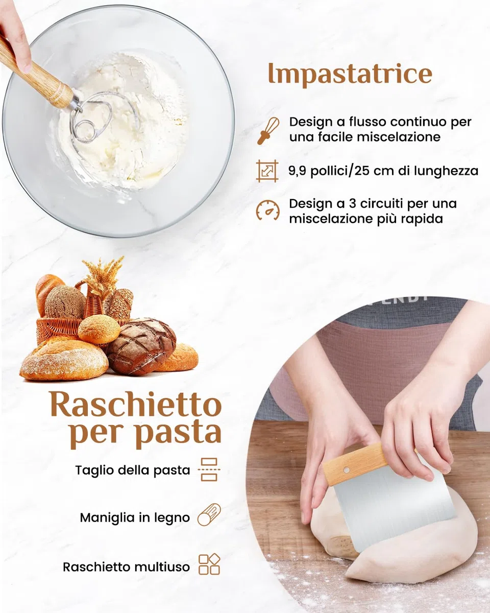 Cestino da Lievitazione per Pane, PITCH PULSE Cesto Lievitazione Pan in Rattan Naturale, Banneton per pane, Ciotola lievitazione con Tela di Lino, Raschietto Pasta e Lame Taglierina Pane