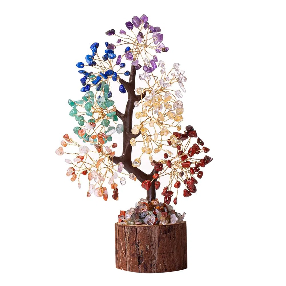 FOGARI Chakra, pietre di cristallo, sette chakra, guarigione naturale Reiki, cristallo bonsai fortuna, albero di denaro per fortuna, cristallo di pietra preziosa, decorazione bonsai, regalo spirituale