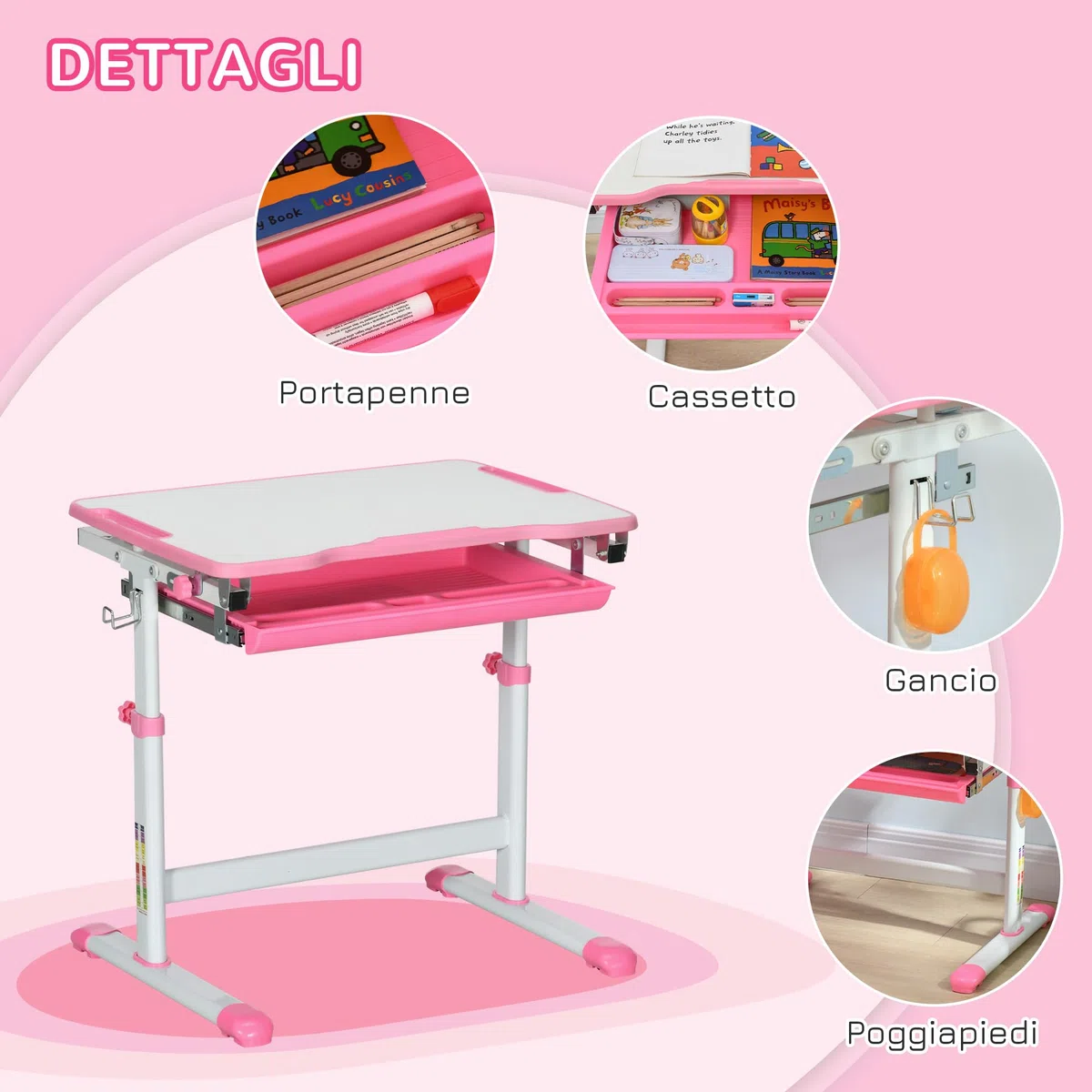 HOMCOM Banco Scuola per Bambini 6-12 Anni Regolabili in Altezza, Set Scrivania e Sedia per Bambini con Piano Inclinabile 45°, Cassetto, 2 Portapenne e Gancio, Rosa