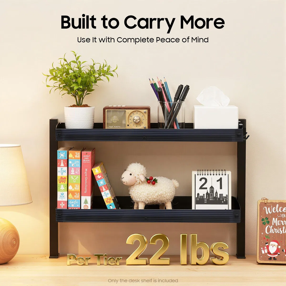 Mensola da scrivania con morsetto, organizer da scrivania a 2 livelli in acciaio al carbonio, spazio senza foratura, capacità 10 kg per livello, installazione rapida per ufficio casa, 44 x 39 x 15 cm