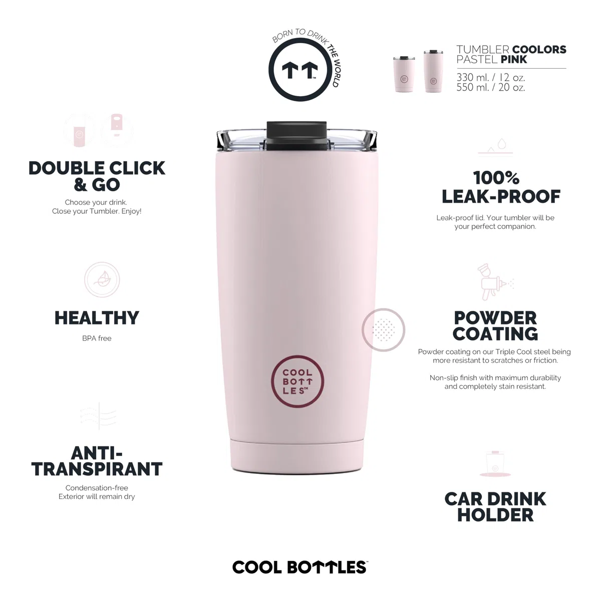 Cool Bottles - Tumbler - Bicchiere Termico in Acciaio Inossidabile - 550 ml - Pastel Pink - Tazza da Caffè - Coperchio Ermetico - Bevande Fredde 10 ore e Calde 5 ore - Finitura Antimacchia