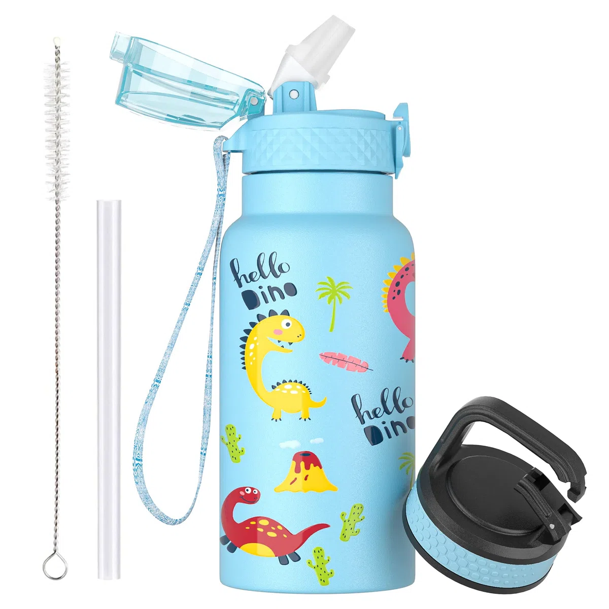 OLDLEY 500ml/17oz Bambini Bottiglia d'Acqua Isolata in Acciaio Inossidabile con Cannuccia Doppia Parete in Metallo Sottovuoto Riutilizzabile con 2 Coperchi Diversi Bevande Calde Fredde