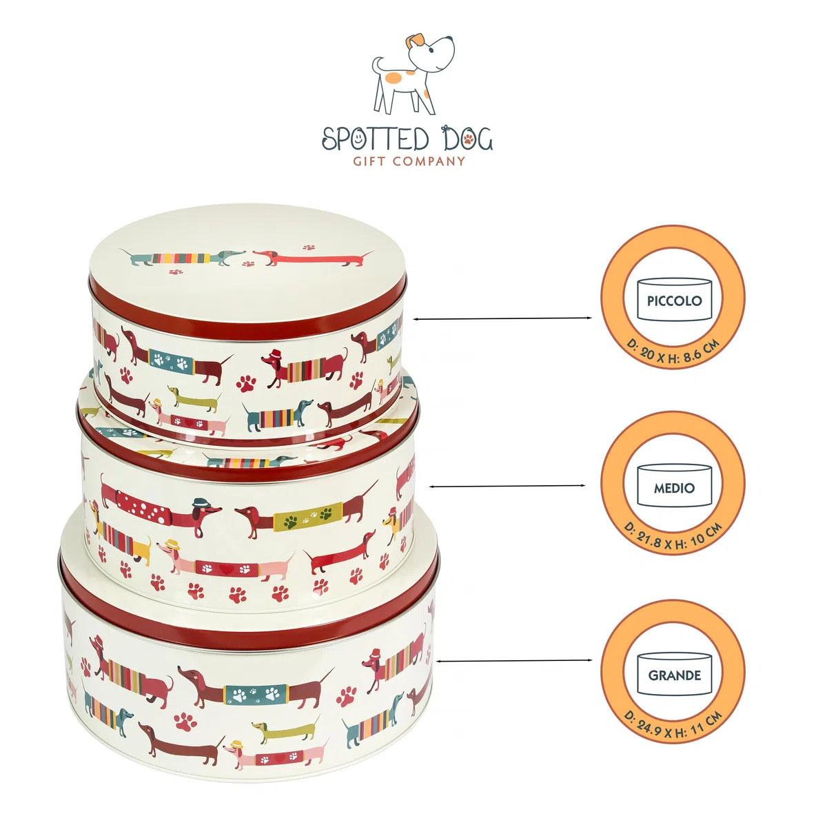 SPOTTED DOG GIFT COMPANY Set di 3 Scatole di Latta, Contenitori Impilabili per Biscotti in Metallo, Barattoli di Latta Rotondi Ermetici per Conservare Torte e Alimenti, Piccola Media Grande - Bassotti
