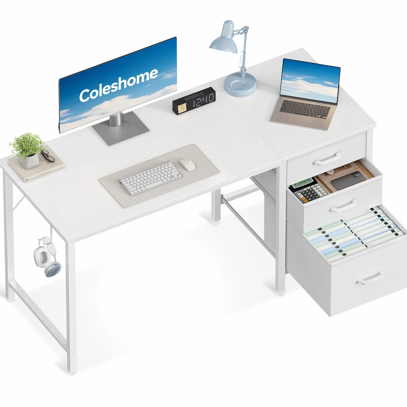 Coleshome Scrivania con 3 Cassetti in Tessuto, 120x48cm Scrivania Salvaspazio con Portacuffie, Bianco Scrivania Computer Reversibile per Piccolo Ufficio in Casa