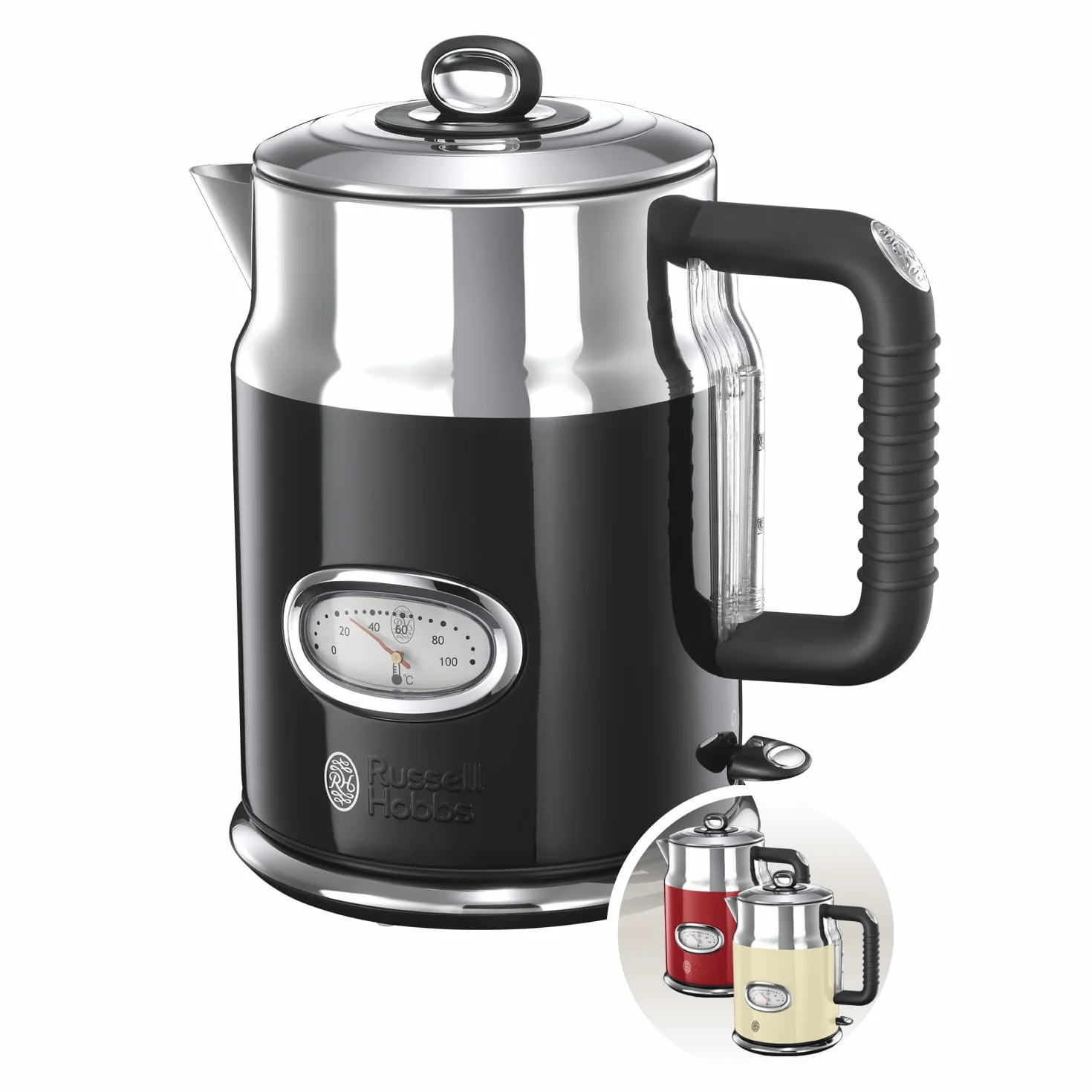 Russell Hobbs Bollitore Elettrico Retro, 1.7 L, 2400 W, Bollitura Rapida, Filtro Anticalcare Rimovibile, Base Girevole 360°, Acciaio Inox Nero – 21671-70