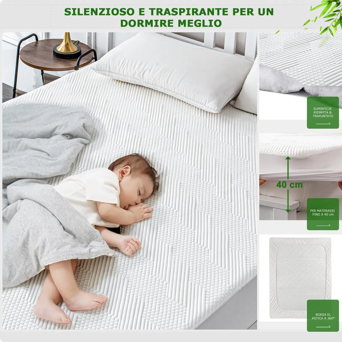 GRT Coprimaterasso matrimoniale Fibra di Bambù Impermeabile 160x190 - Proteggi Materasso Trapuntato con Elastico fino a 40 cm di Profondità - Copri Materasso Traspirante e Oeko-Tex