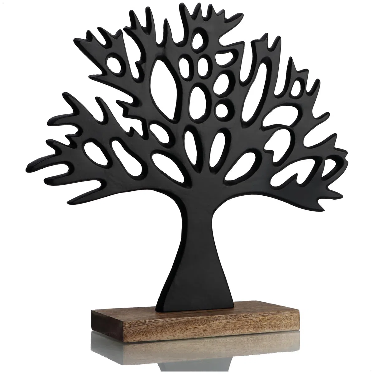 com-four® Supporto Decorativo per Albero - Albero in Metallo su Base in Legno di Mango - Albero Decorativo in Metallo da Tenere in Piedi - Albero della Vita da Regalare (Nero - Albero)