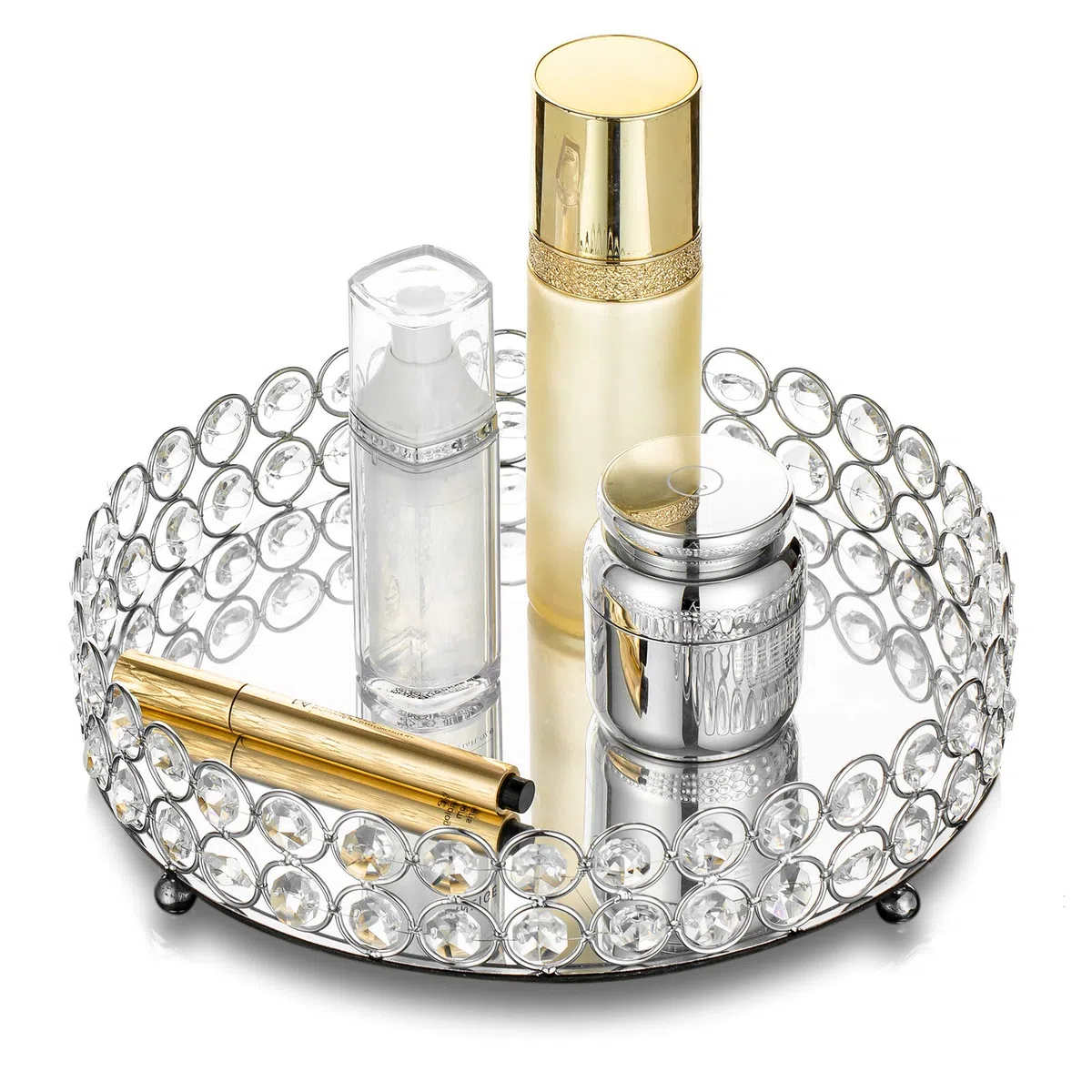 Nuptio Vassoio da Toilette Argento Decorativo: Diametro 25cm Porta Trucco per Specchiera Portagioie Vassoio Specchiato Piatto Multifunzione per Profumo Gioielli Candele e Cosmetici