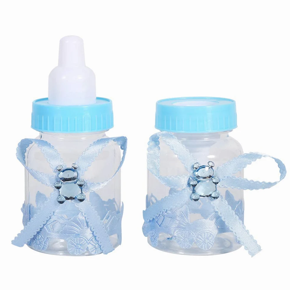50 Pezzi doccia bambino Mini Biberon, Piccola bottiglia di plastica dell'orso della caramella con il nastro per il decoro della festa del battesimo del neonato della ragazza del ragazzo, Blu